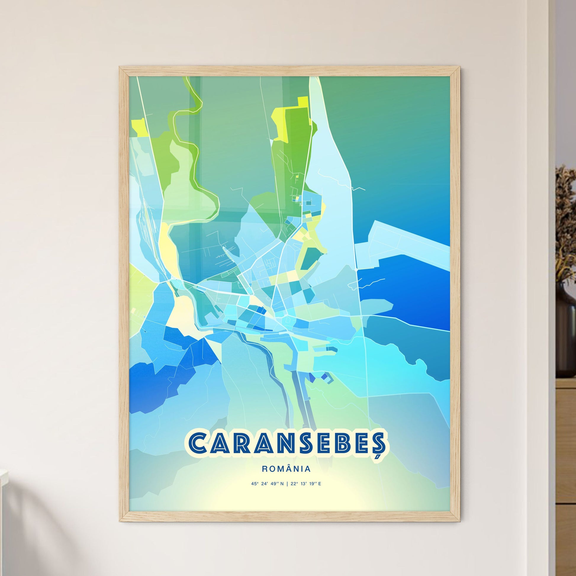 Colorful CARANSEBEȘ ROMANIA Fine Art Map Cool Blue