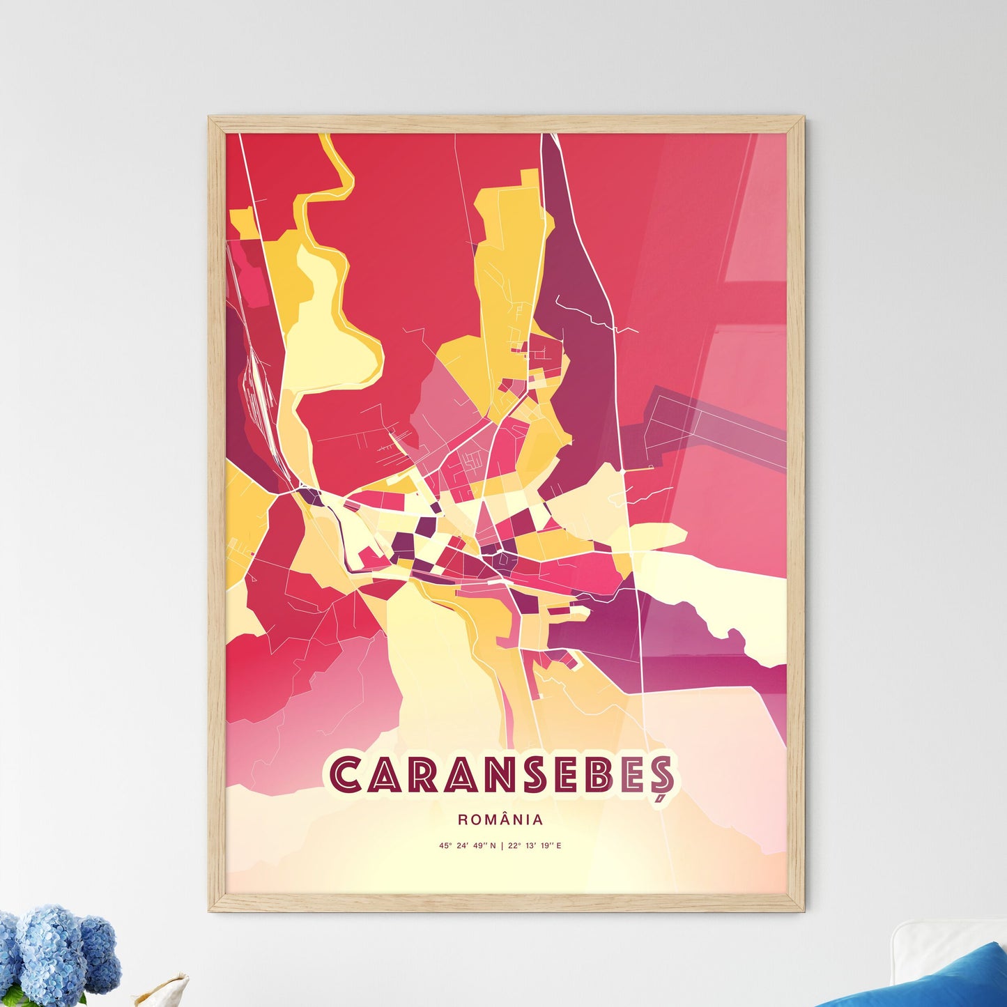 Colorful CARANSEBEȘ ROMANIA Fine Art Map Hot Red