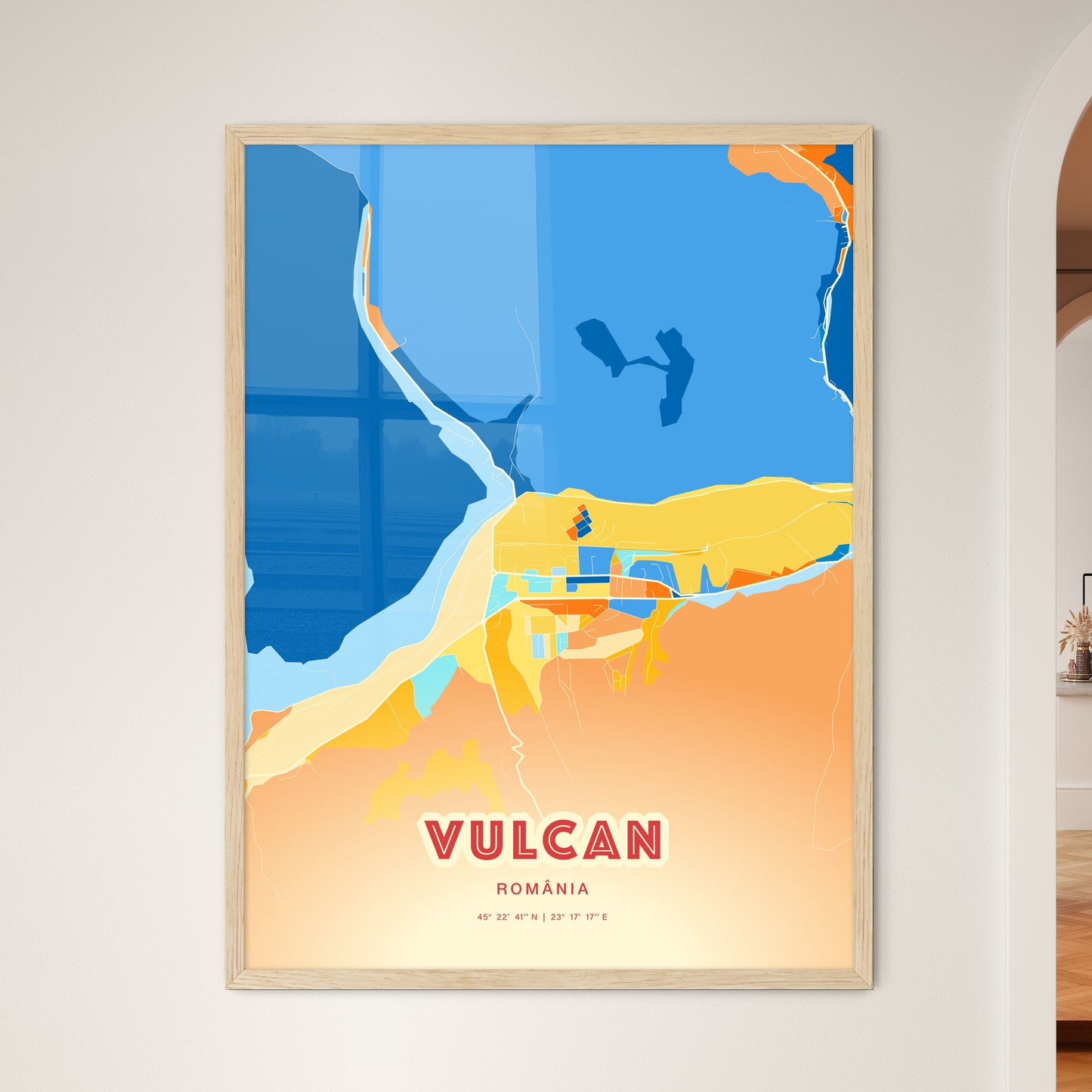 Colorful VULCAN ROMANIA Fine Art Map Blue Orange