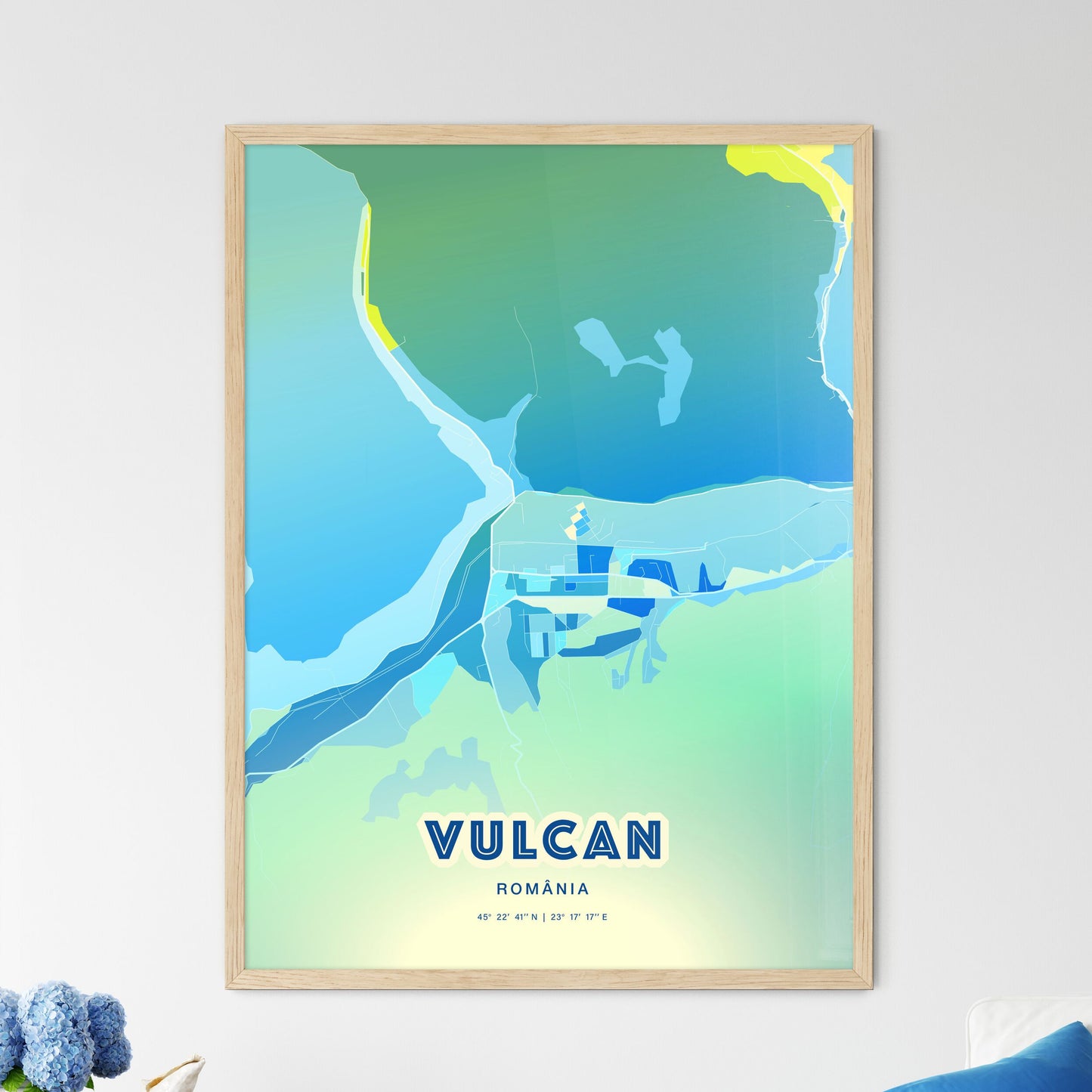 Colorful VULCAN ROMANIA Fine Art Map Cool Blue