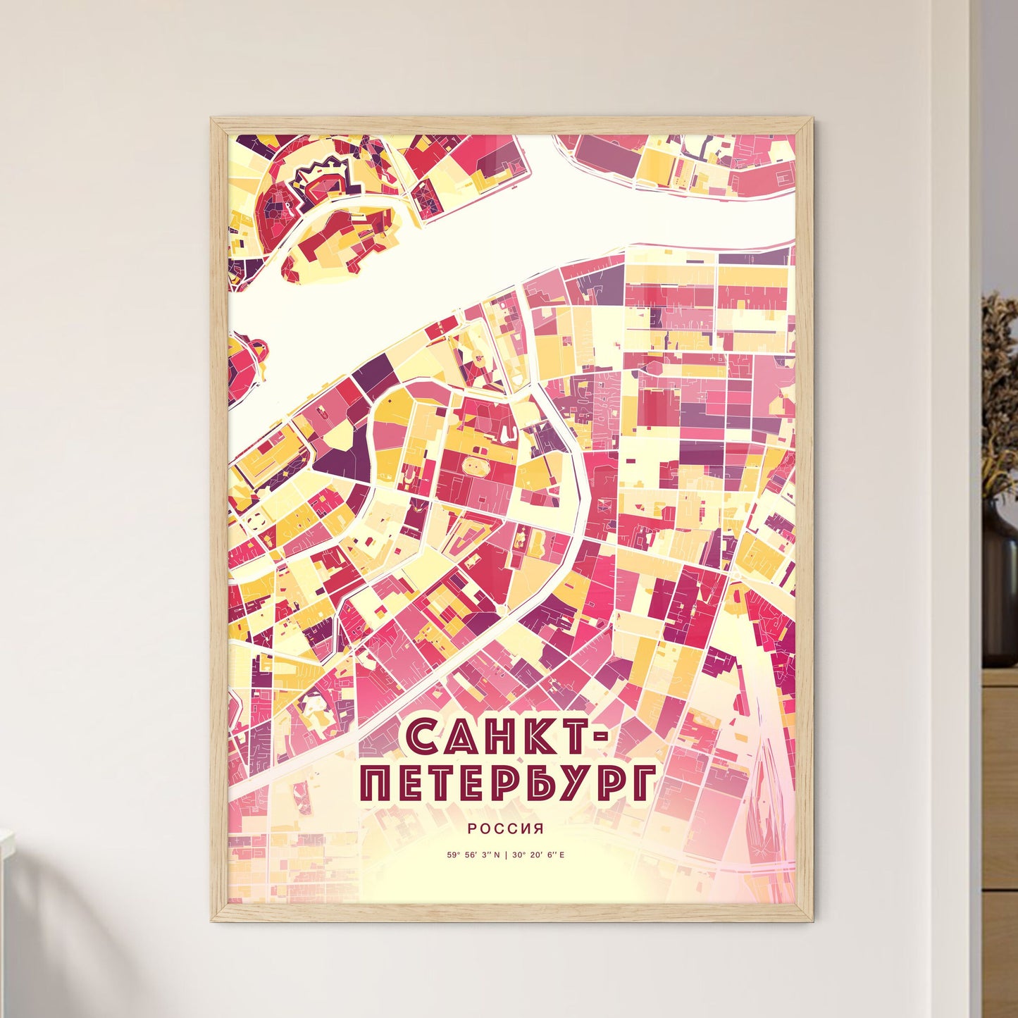Colorful SAINT PETERSBURG RUSSIA Fine Art Map Hot Red