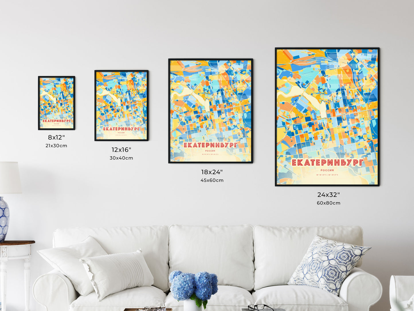 Colorful YEKATERINBURG RUSSIA Fine Art Map Blue Orange