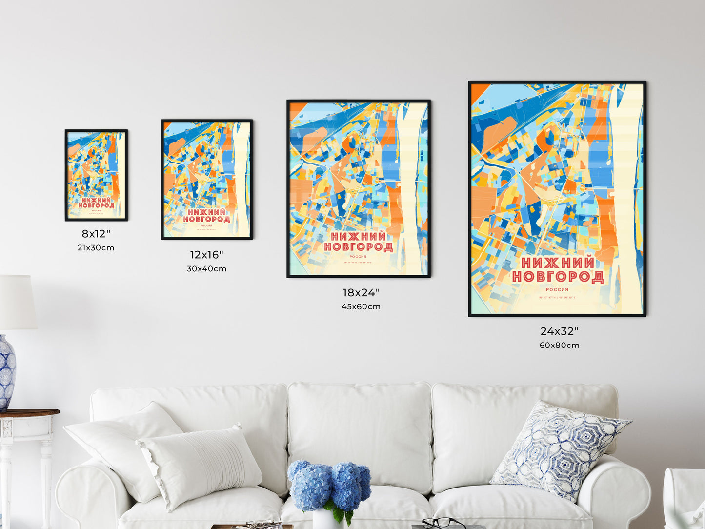 Colorful NIZHNY NOVGOROD RUSSIA Fine Art Map Blue Orange