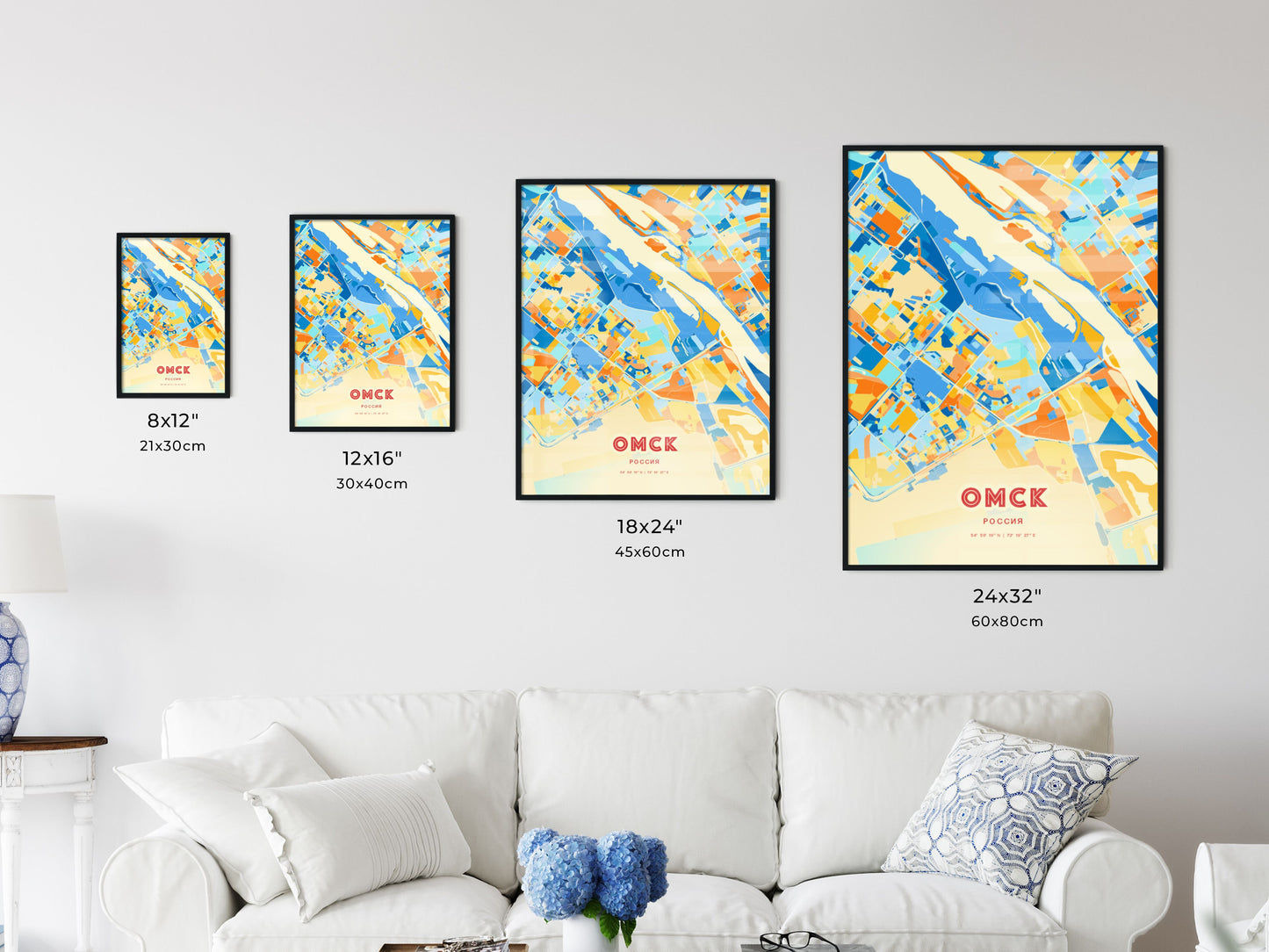 Colorful OMSK RUSSIA Fine Art Map Blue Orange