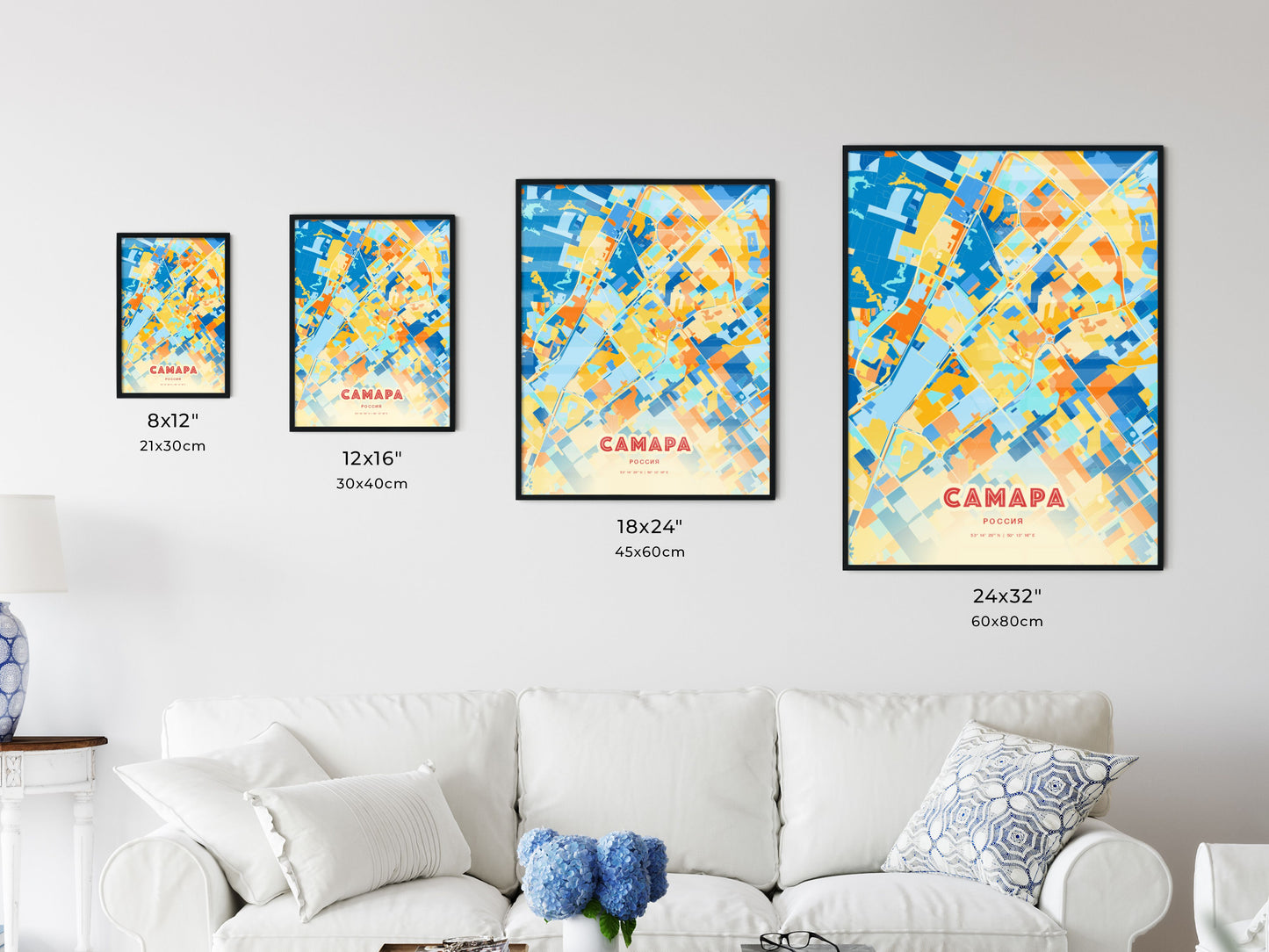 Colorful SAMARA RUSSIA Fine Art Map Blue Orange