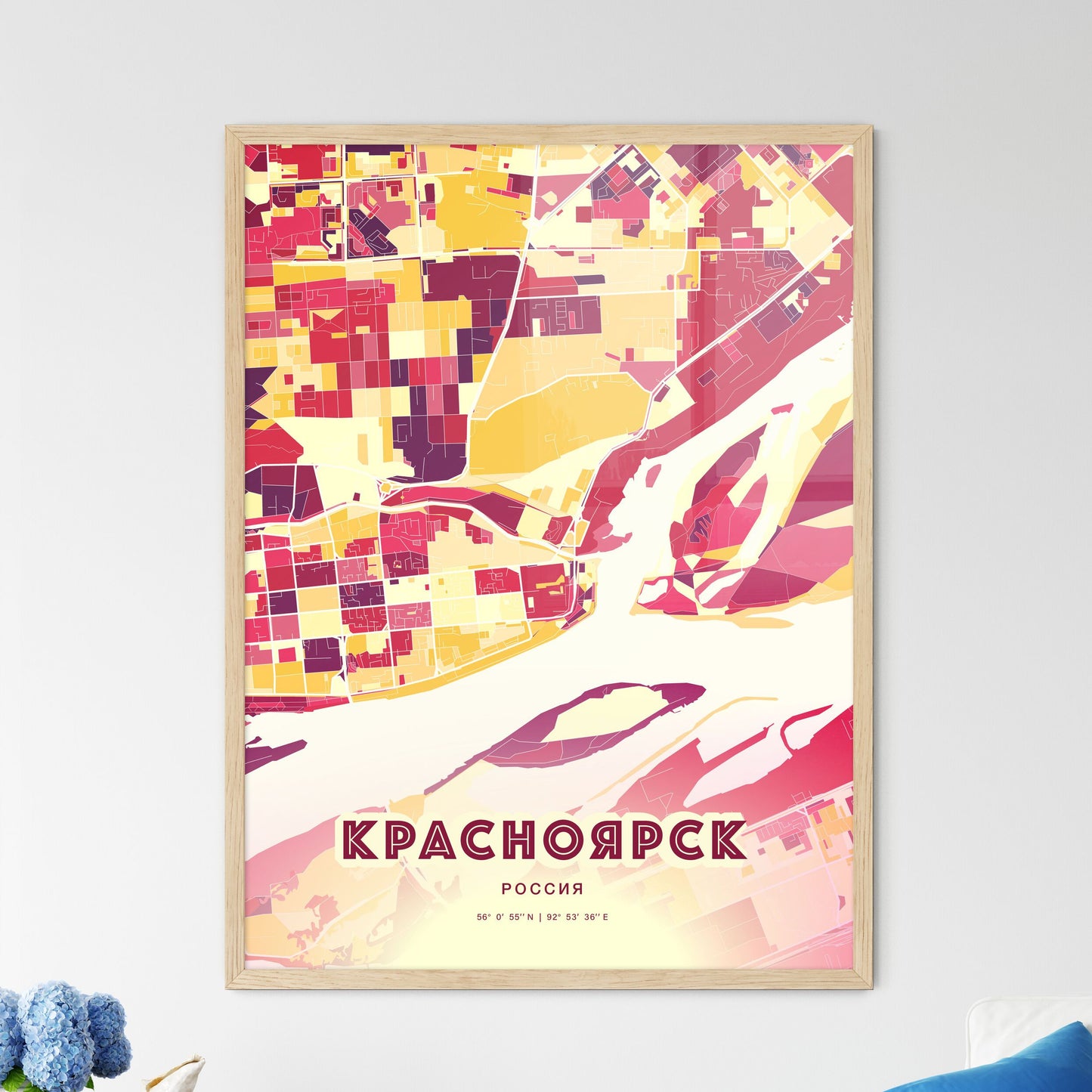 Colorful KRASNOYARSK RUSSIA Fine Art Map Hot Red