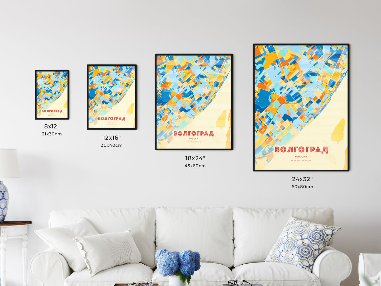 Colorful VOLGOGRAD RUSSIA Fine Art Map Blue Orange