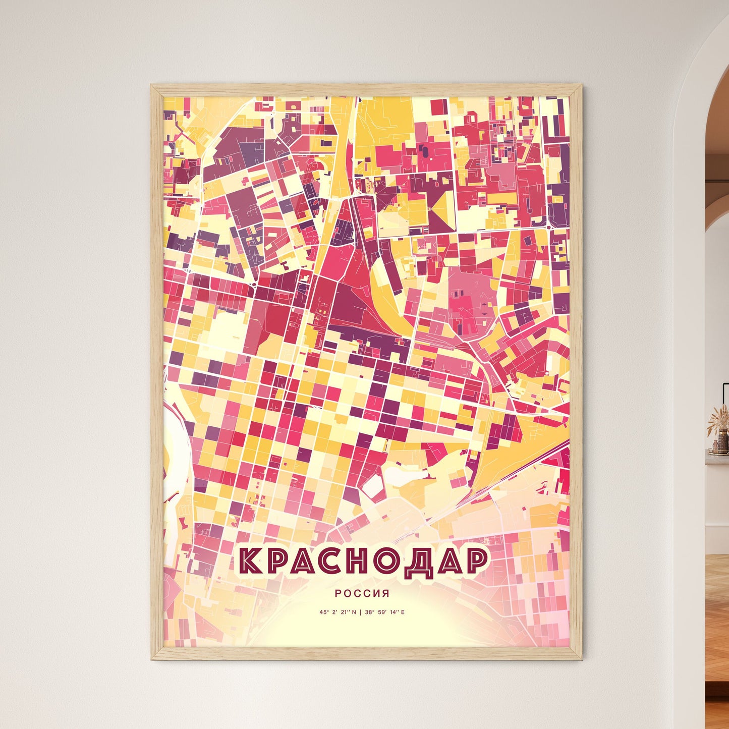 Colorful KRASNODAR RUSSIA Fine Art Map Hot Red