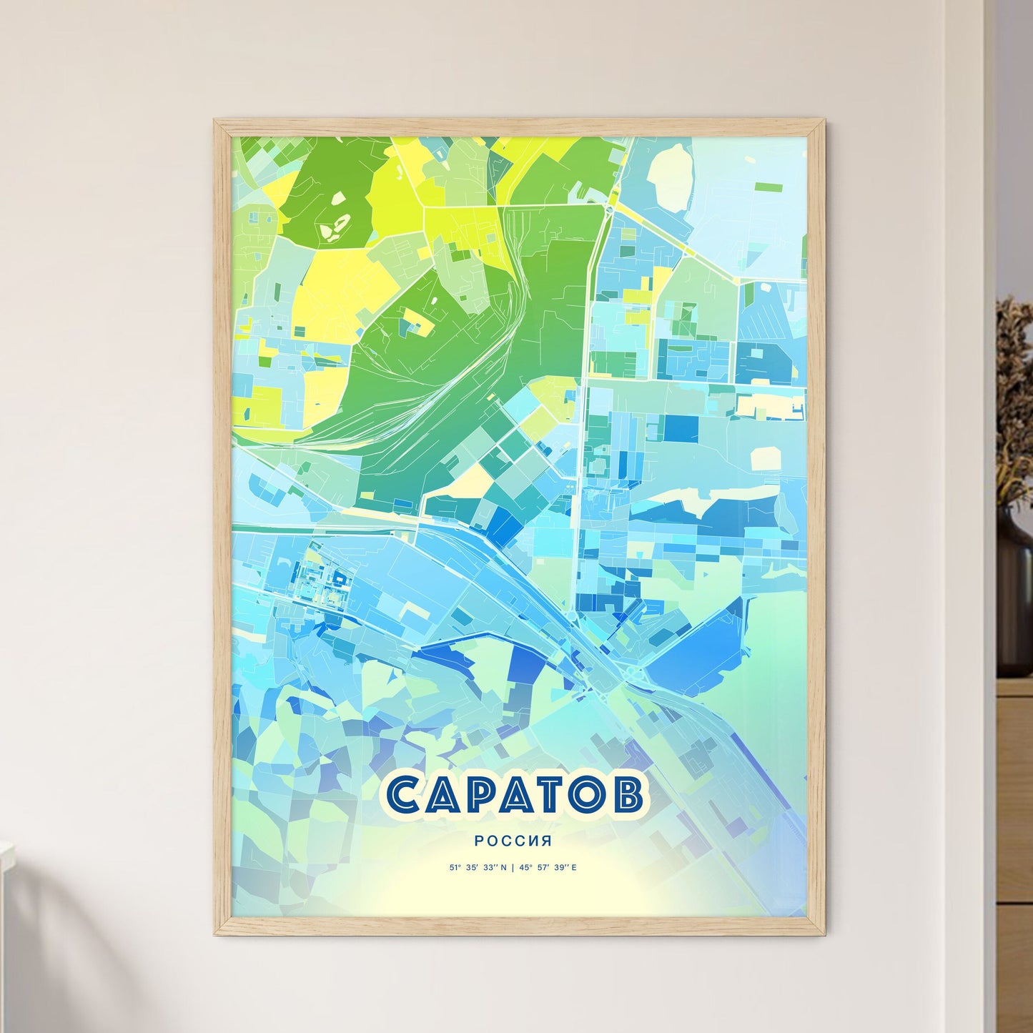 Colorful SARATOV RUSSIA Fine Art Map Cool Blue