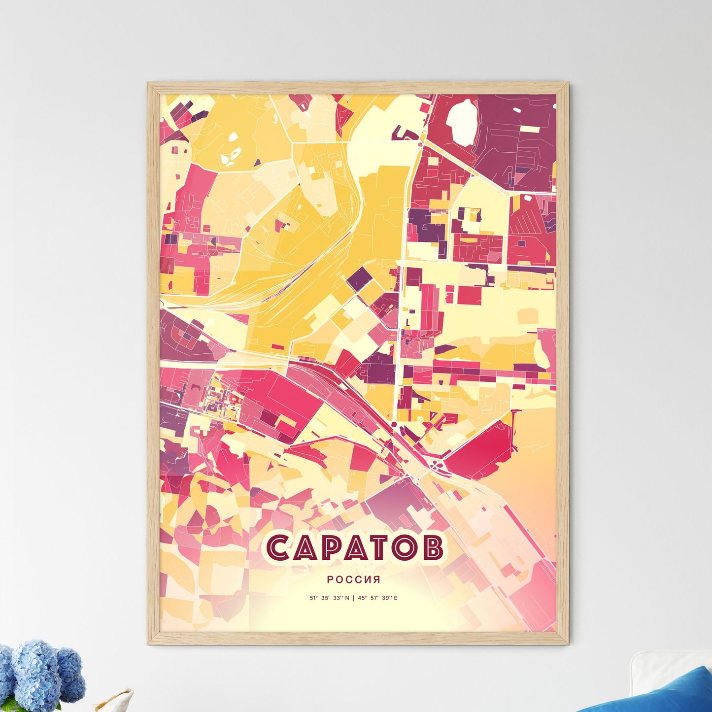 Colorful SARATOV RUSSIA Fine Art Map Hot Red