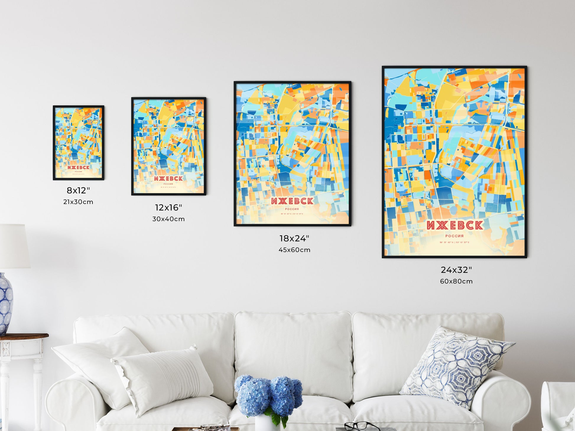 Colorful IZHEVSK RUSSIA Fine Art Map Blue Orange