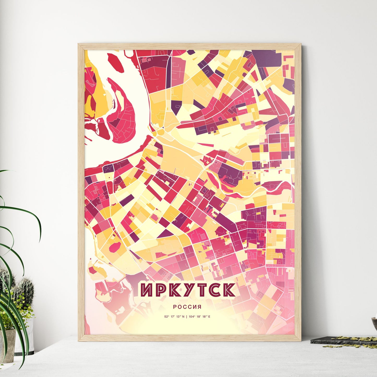 Colorful IRKUTSK RUSSIA Fine Art Map Hot Red