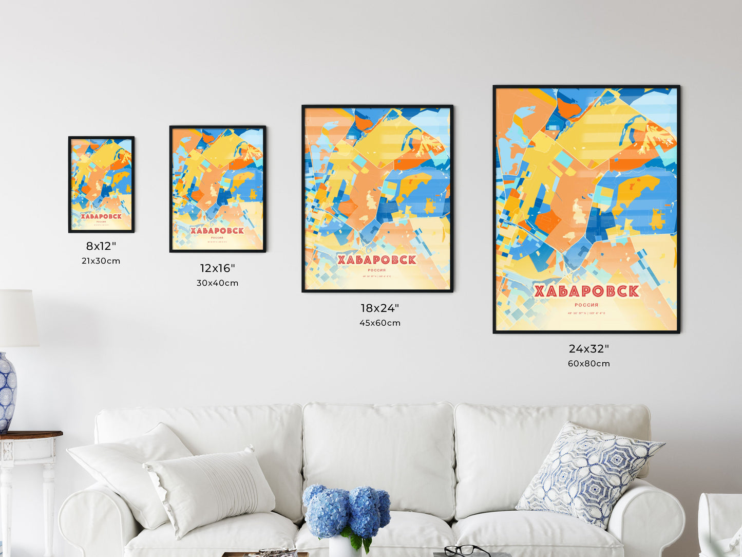 Colorful KHABAROVSK RUSSIA Fine Art Map Blue Orange