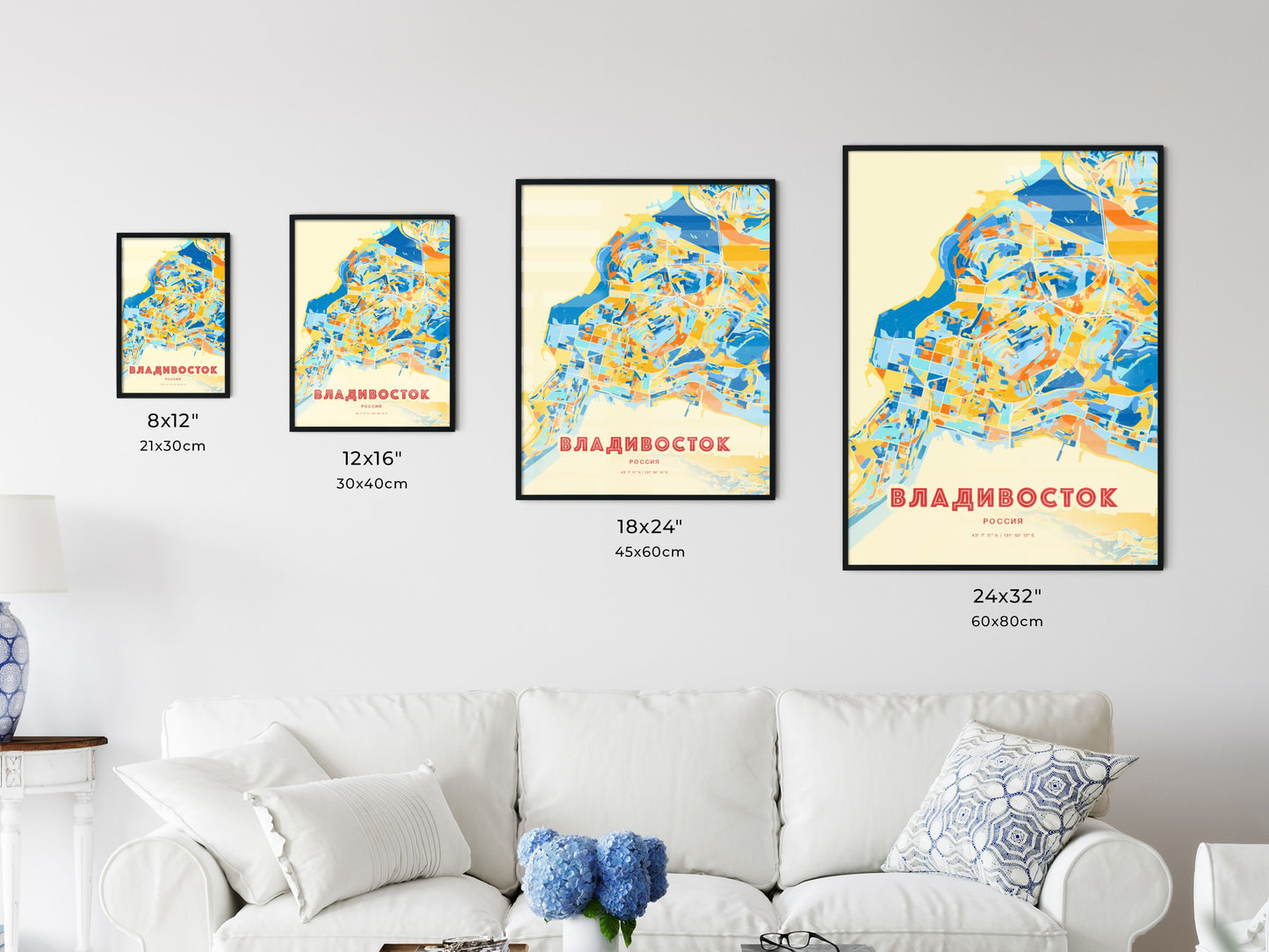 Colorful VLADIVOSTOK RUSSIA Fine Art Map Blue Orange