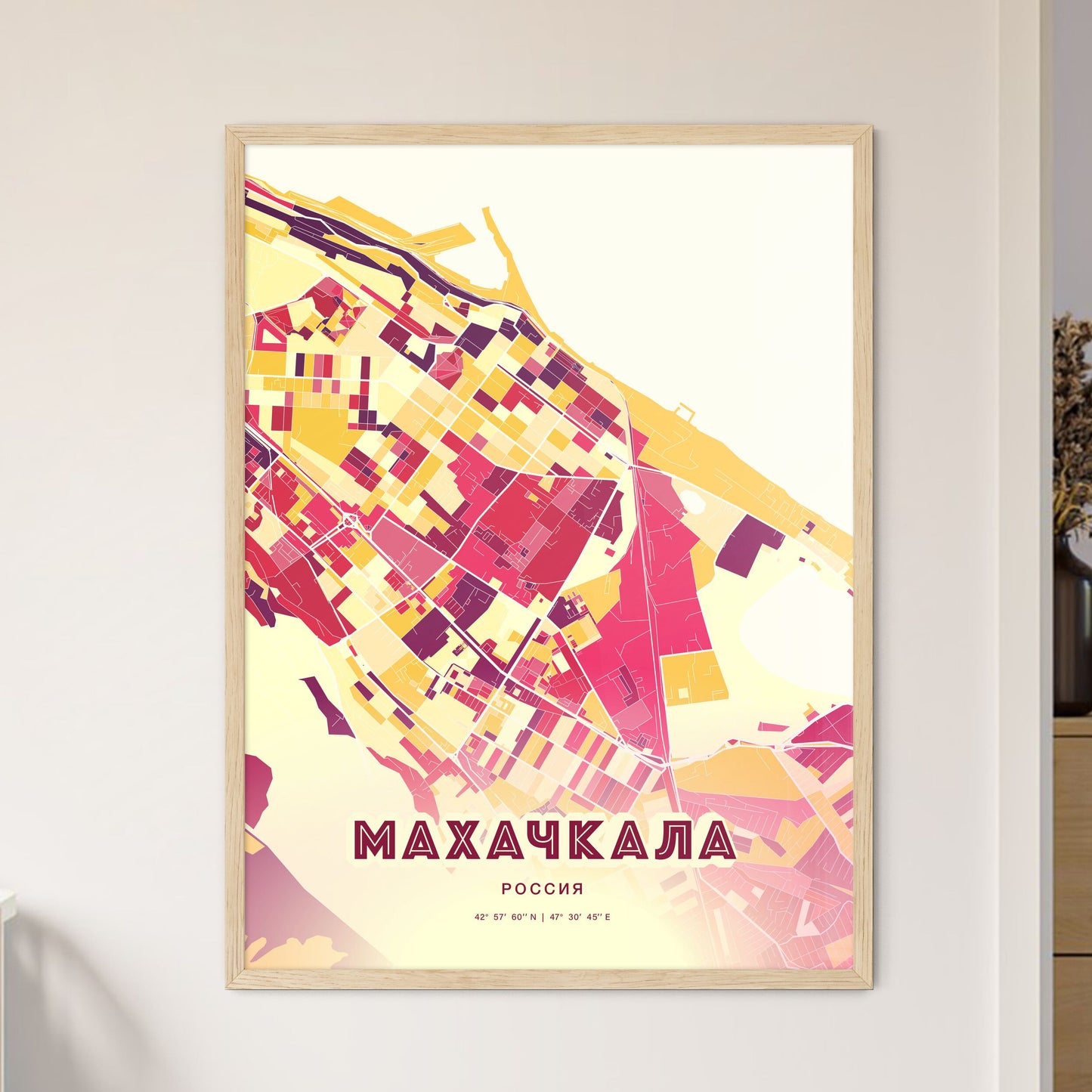 Colorful MAKHACHKALA RUSSIA Fine Art Map Hot Red