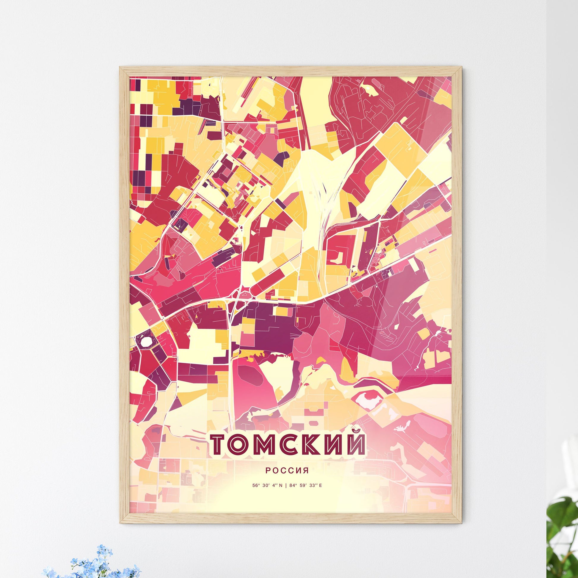 Colorful TOMSK RUSSIA Fine Art Map Hot Red