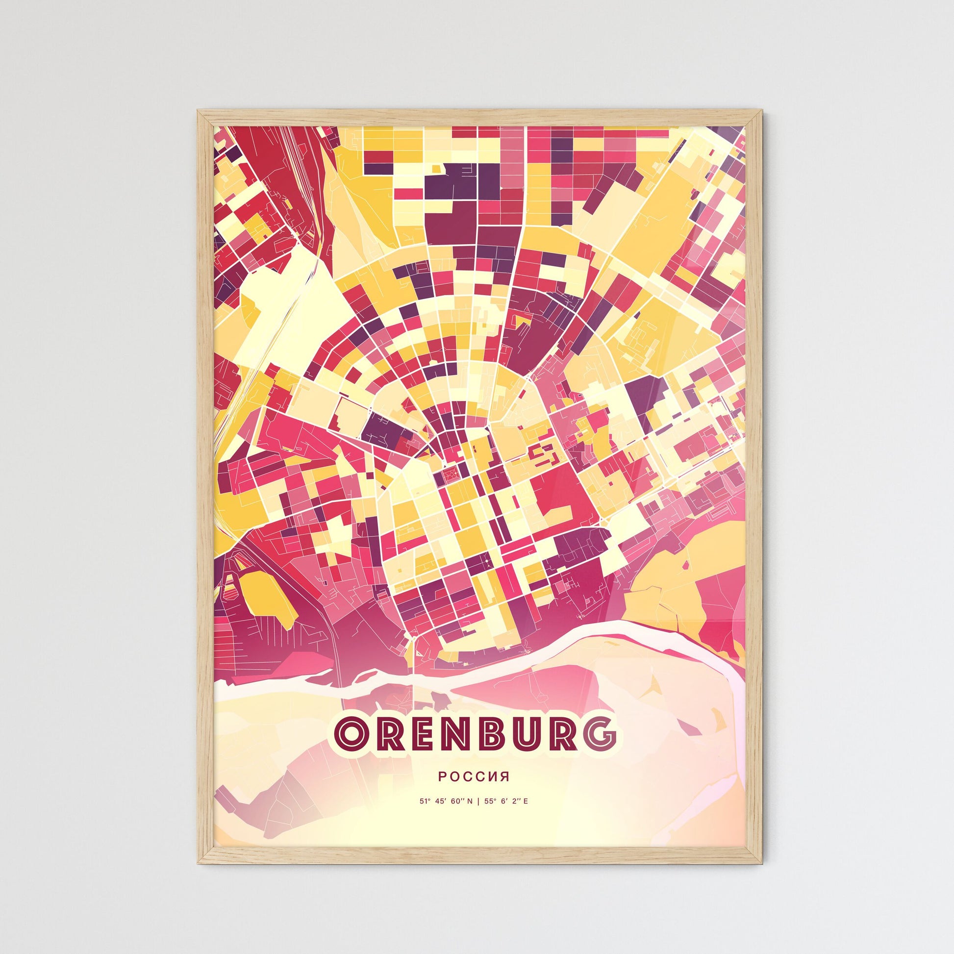 Colorful ORENBURG RUSSIA Fine Art Map Hot Red