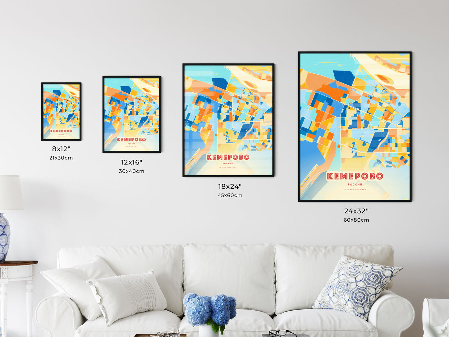 Colorful KEMEROVO RUSSIA Fine Art Map Blue Orange