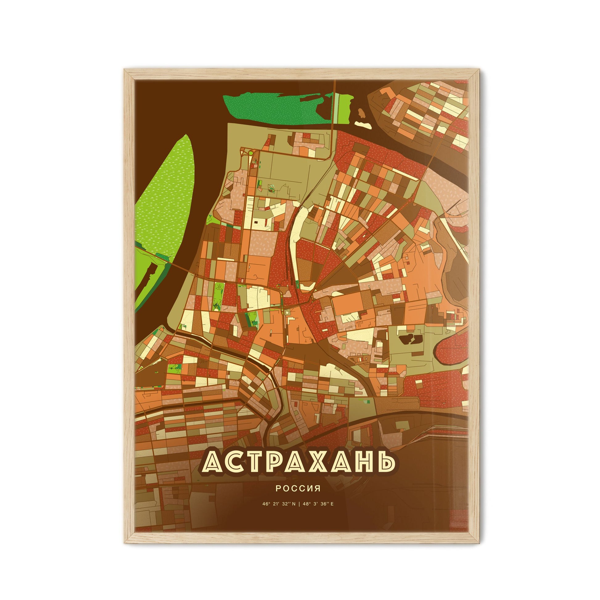 Colorful ASTRAKHAN RUSSIA Fine Art Map Farmhouse