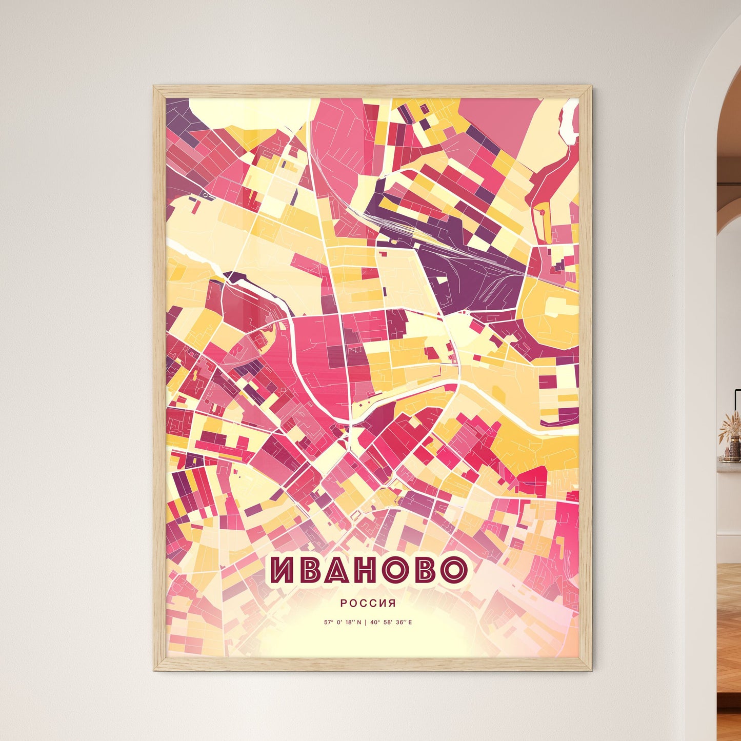 Colorful IVANOVO RUSSIA Fine Art Map Hot Red