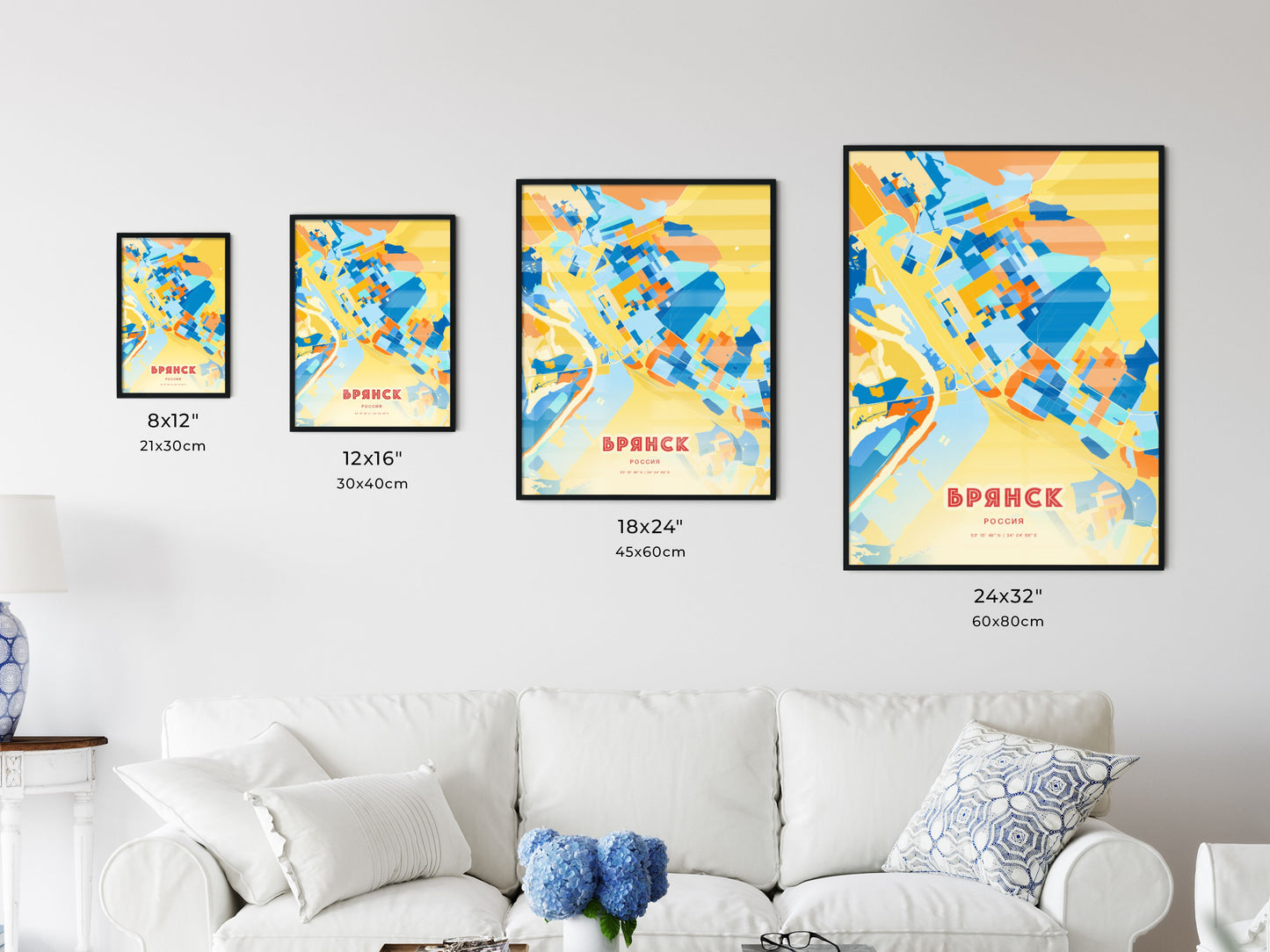 Colorful BRYANSK RUSSIA Fine Art Map Blue Orange