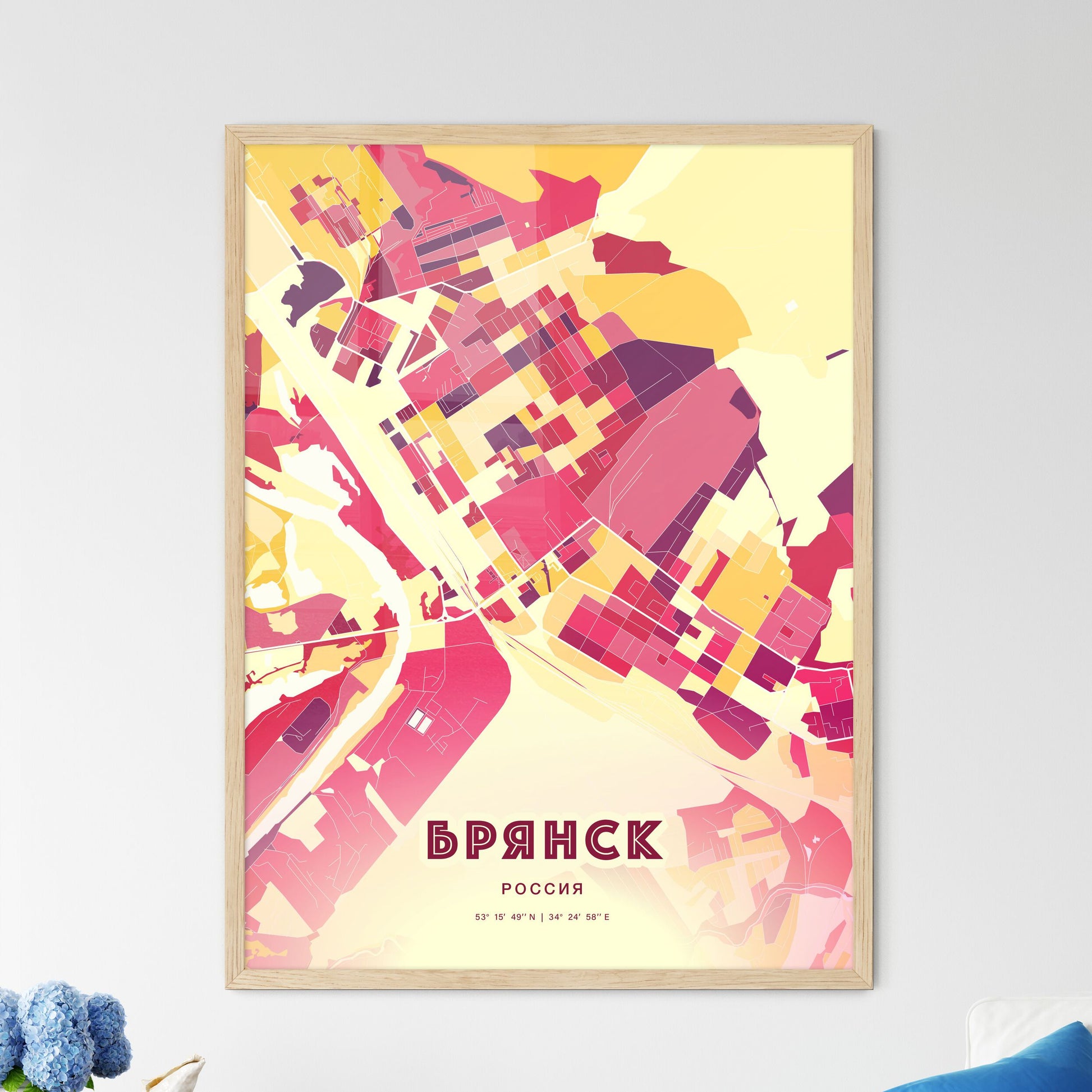 Colorful BRYANSK RUSSIA Fine Art Map Hot Red