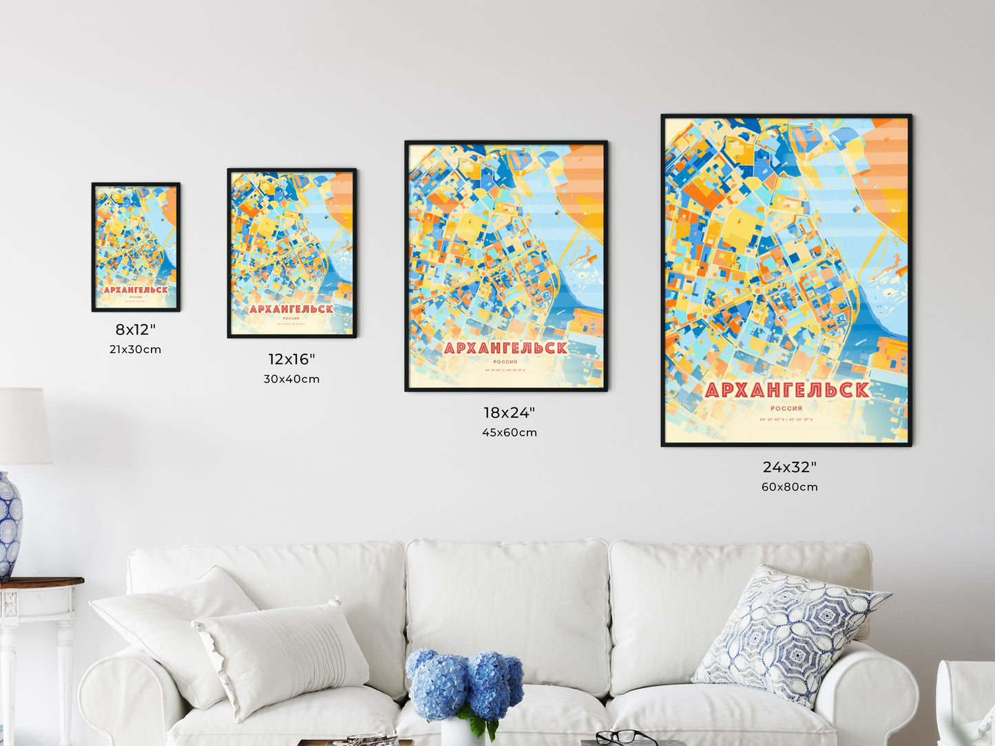 Colorful ARKHANGELSK RUSSIA Fine Art Map Blue Orange