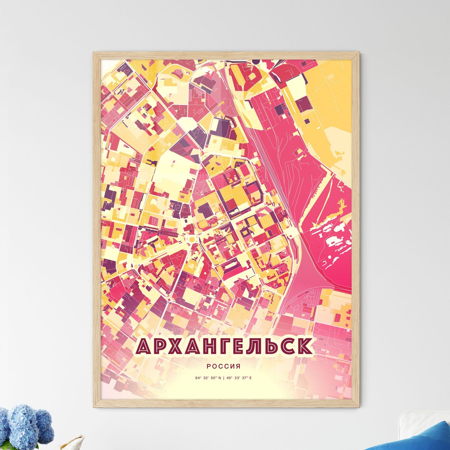 Colorful ARKHANGELSK RUSSIA Fine Art Map Hot Red