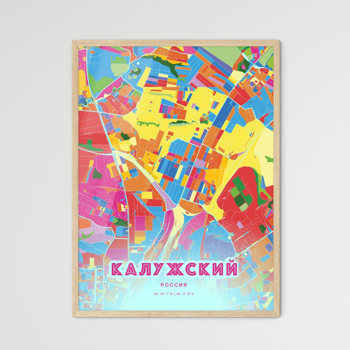 Colorful KALUGA RUSSIA Fine Art Map Crazy Colors