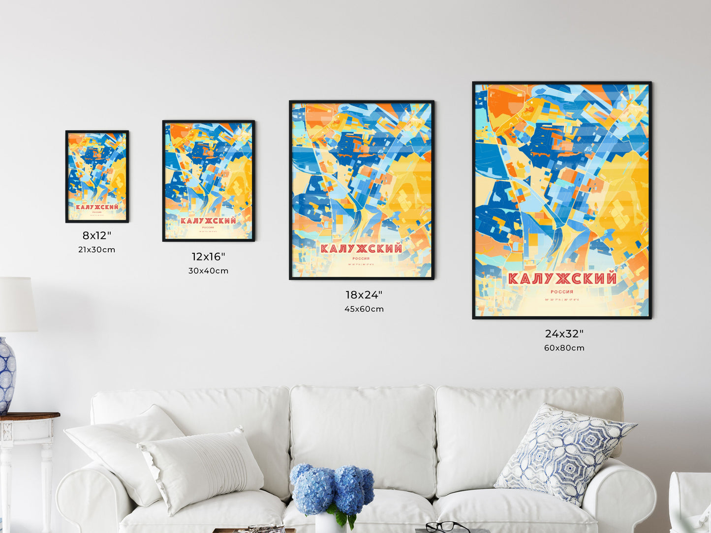 Colorful KALUGA RUSSIA Fine Art Map Blue Orange