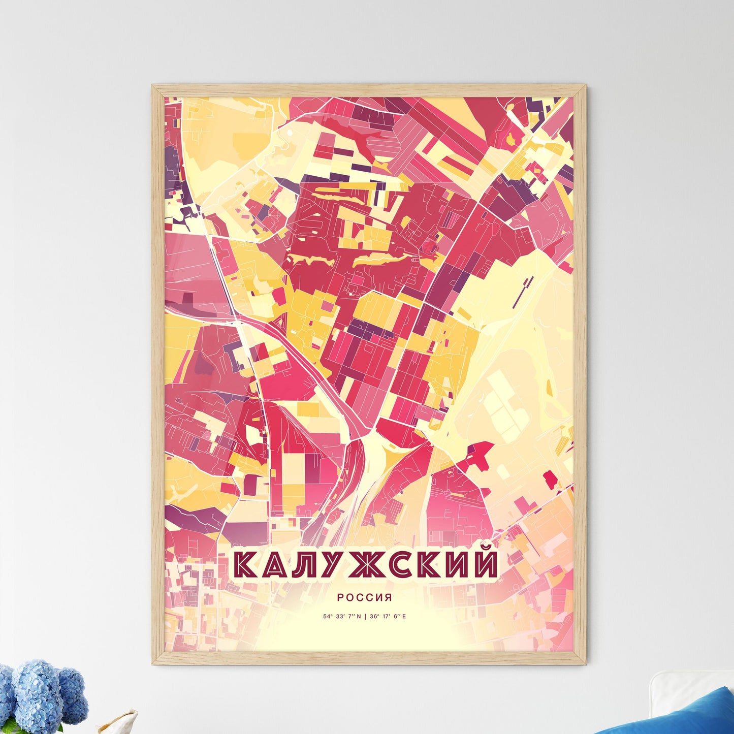 Colorful KALUGA RUSSIA Fine Art Map Hot Red