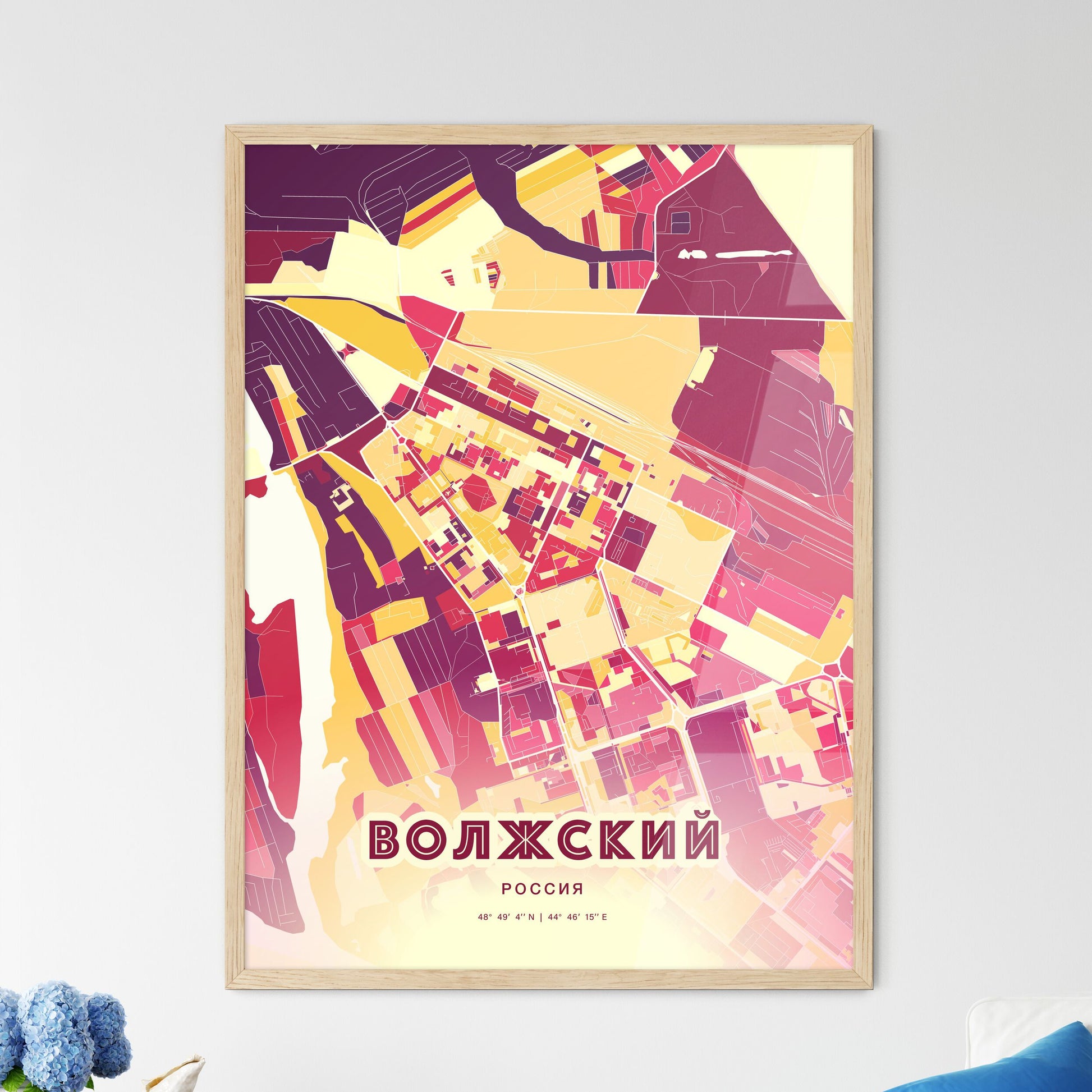 Colorful VOLZHSKY RUSSIA Fine Art Map Hot Red