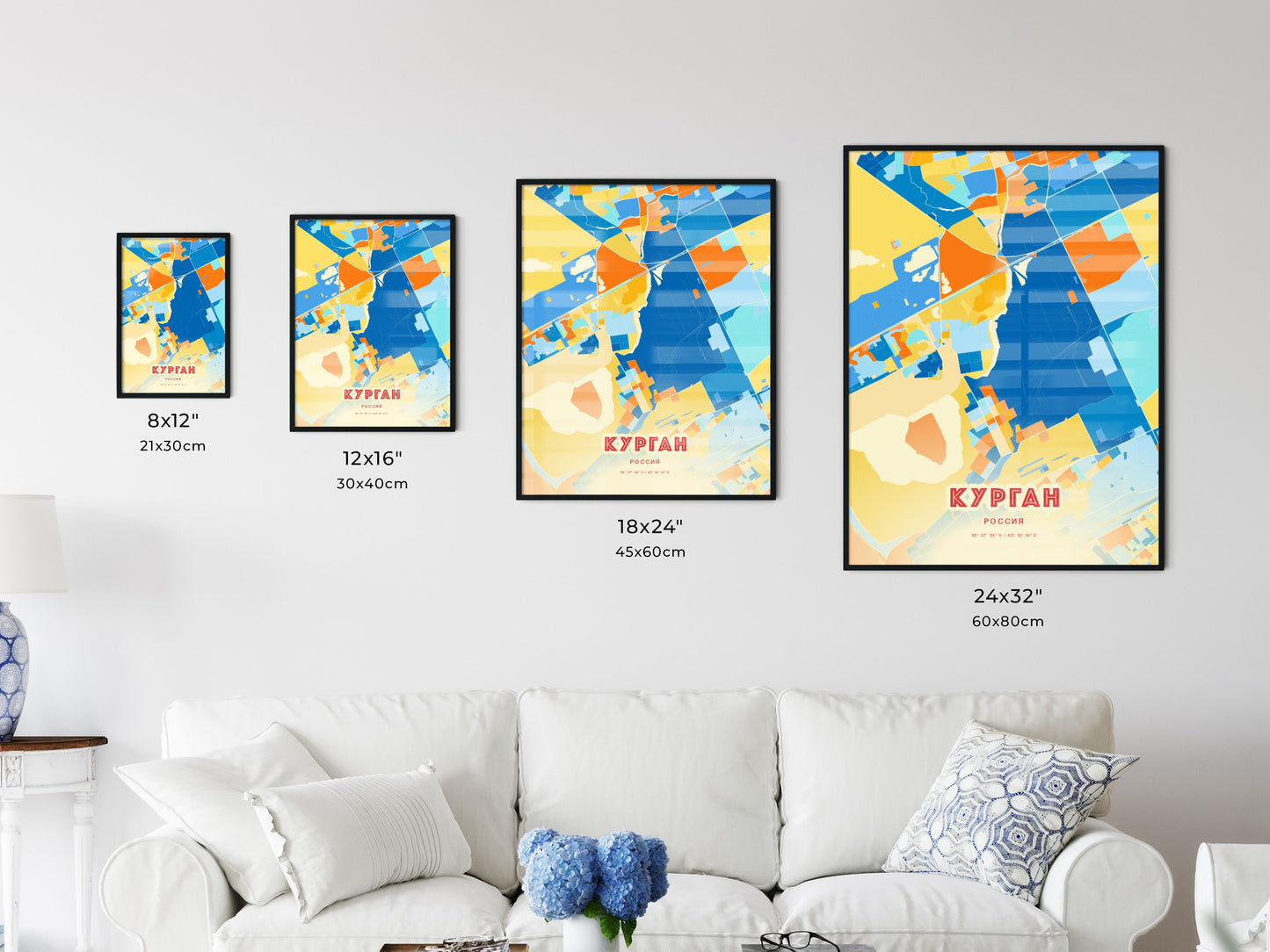 Colorful KURGAN RUSSIA Fine Art Map Blue Orange