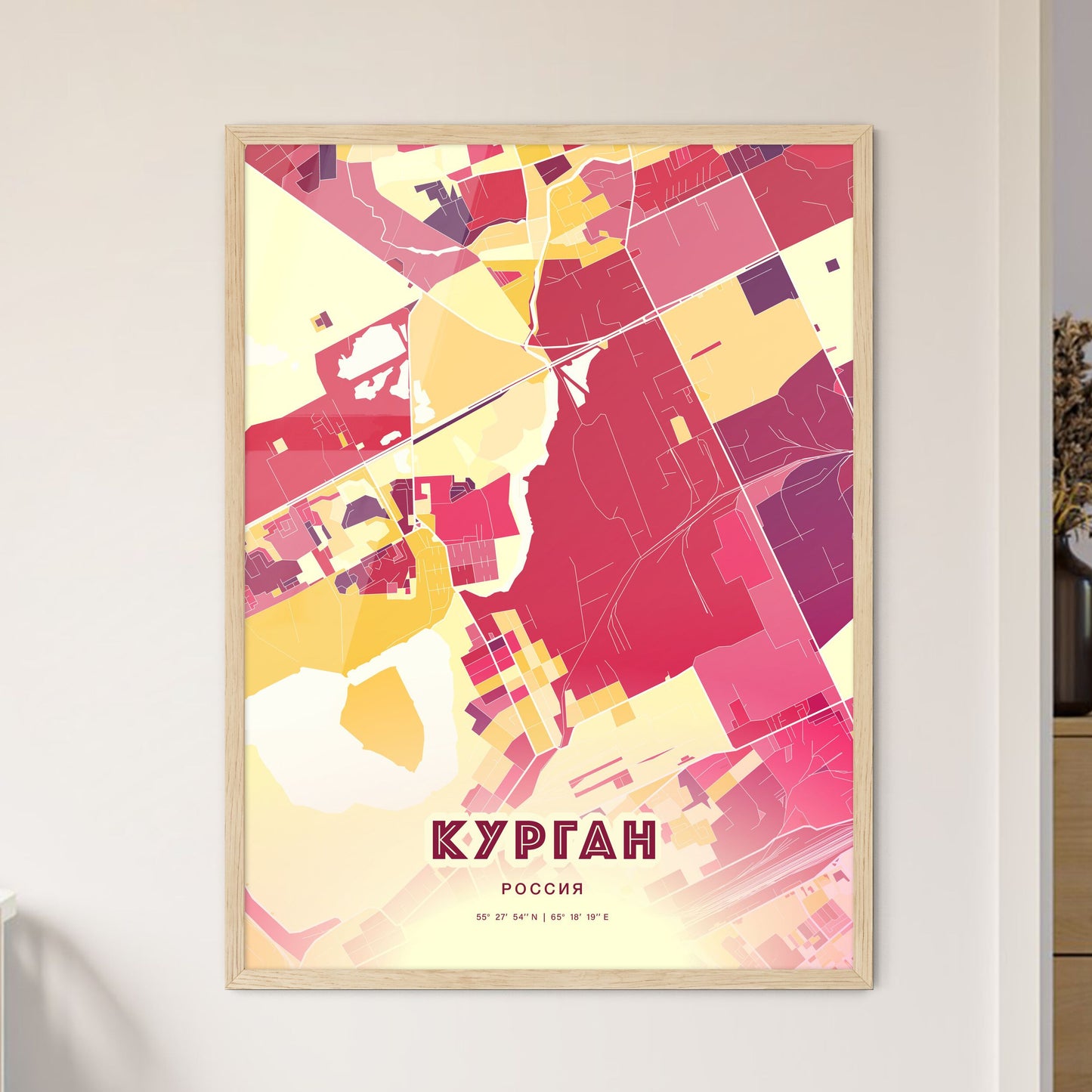 Colorful KURGAN RUSSIA Fine Art Map Hot Red