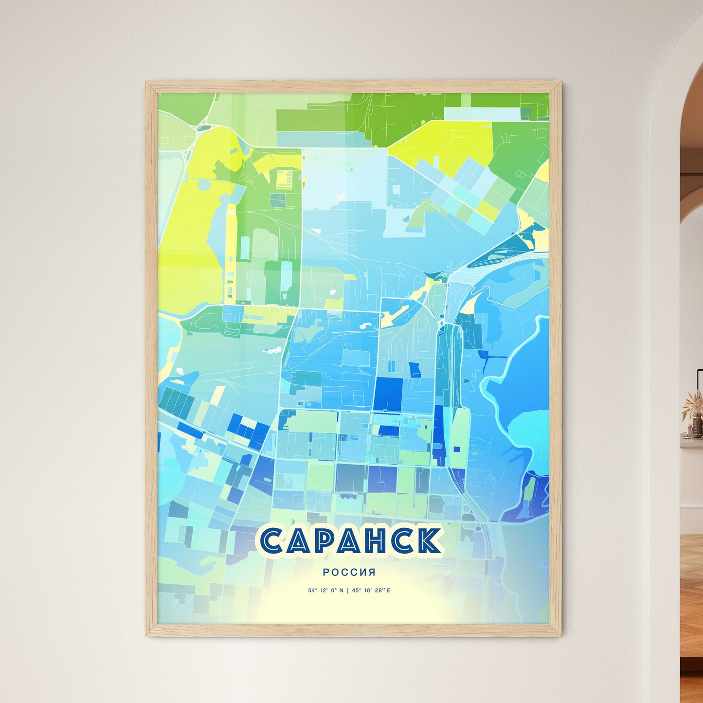 Colorful SARANSK RUSSIA Fine Art Map Cool Blue