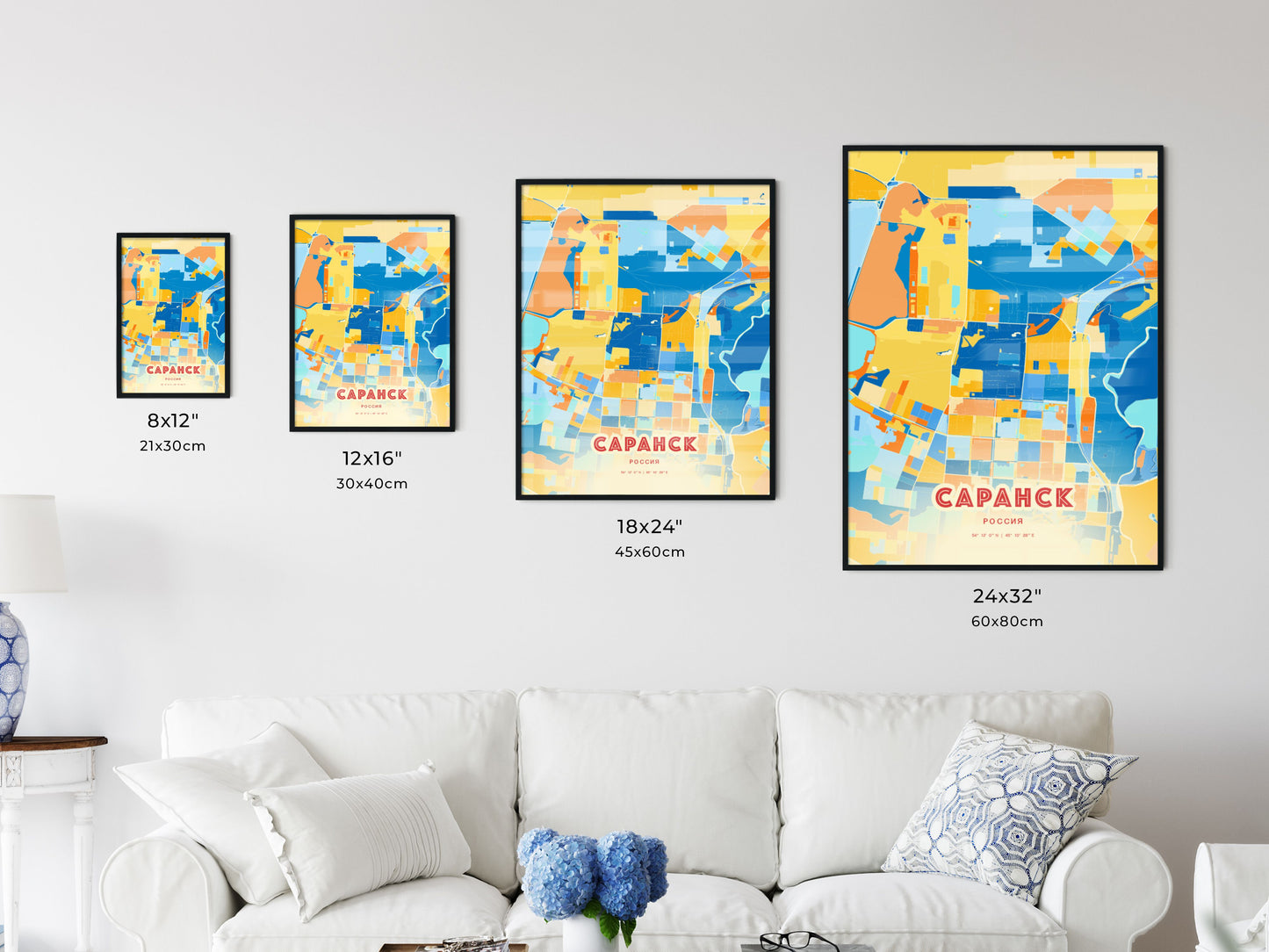 Colorful SARANSK RUSSIA Fine Art Map Blue Orange