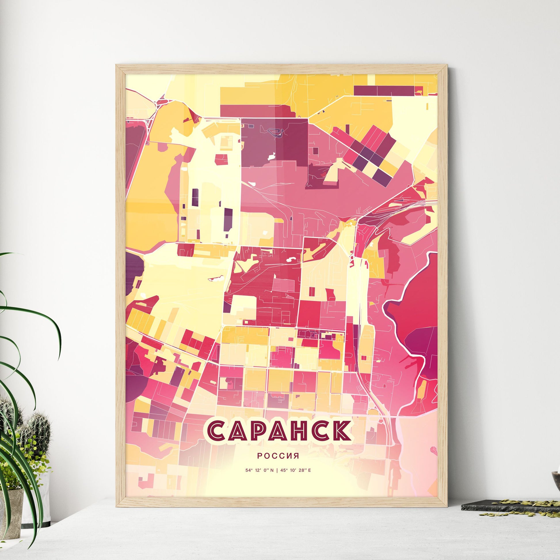 Colorful SARANSK RUSSIA Fine Art Map Hot Red