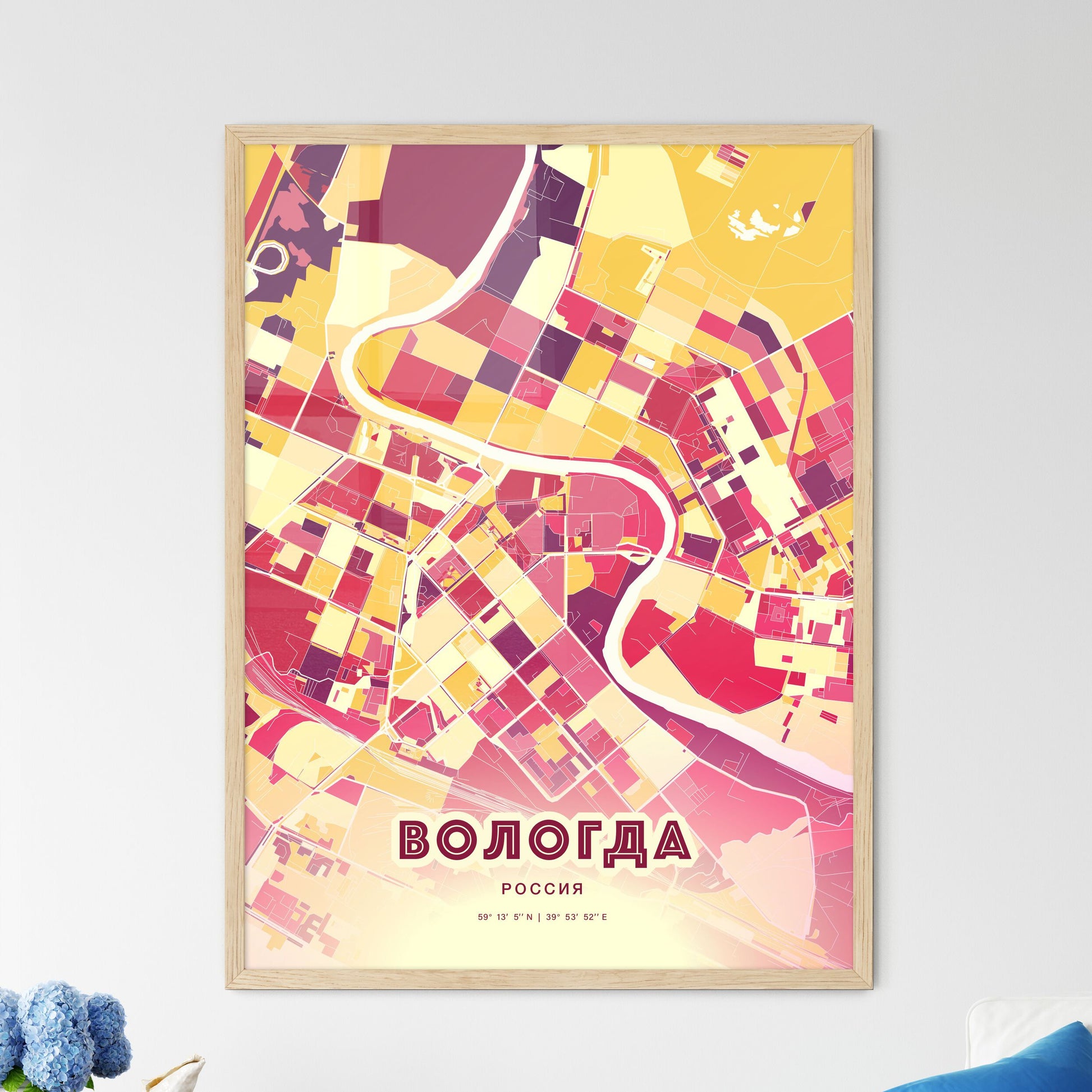 Colorful VOLOGDA RUSSIA Fine Art Map Hot Red