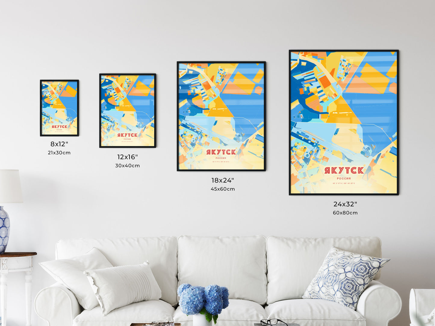 Colorful YAKUTSK RUSSIA Fine Art Map Blue Orange