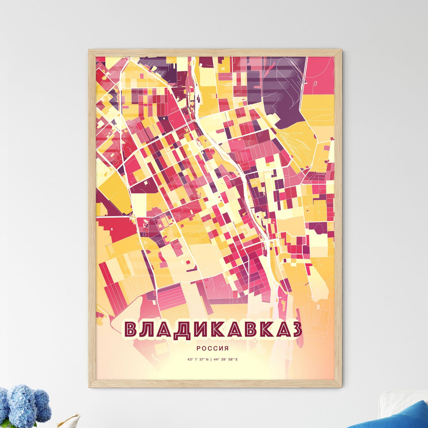 Colorful VLADIKAVKAZ RUSSIA Fine Art Map Hot Red