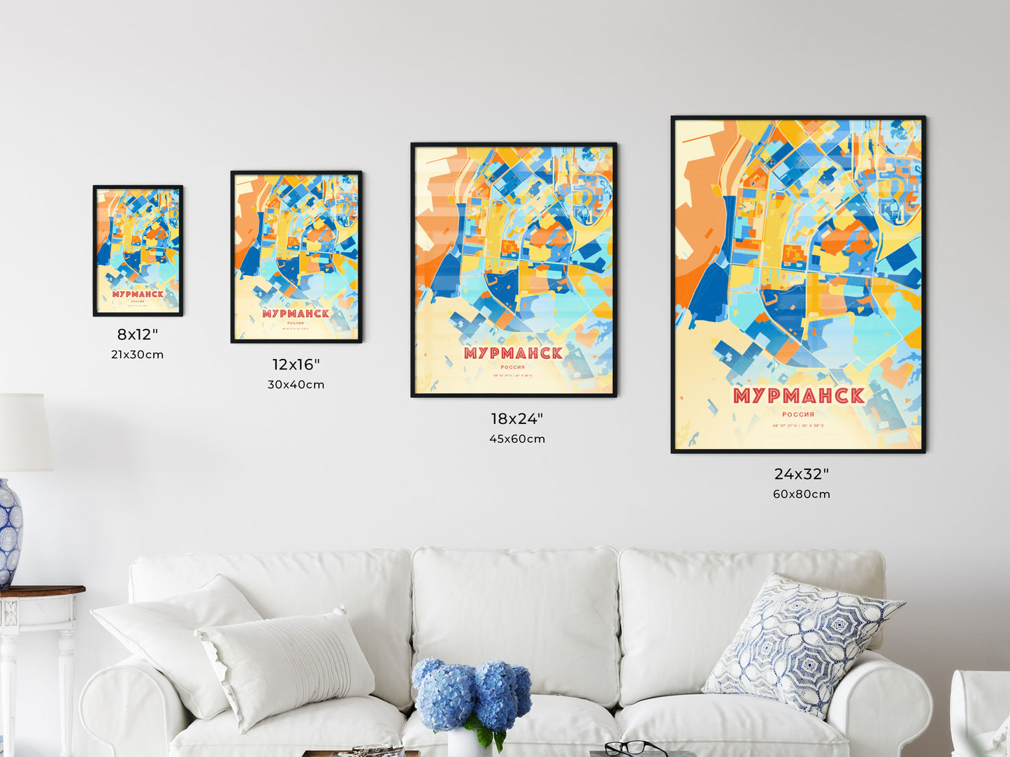 Colorful MURMANSK RUSSIA Fine Art Map Blue Orange