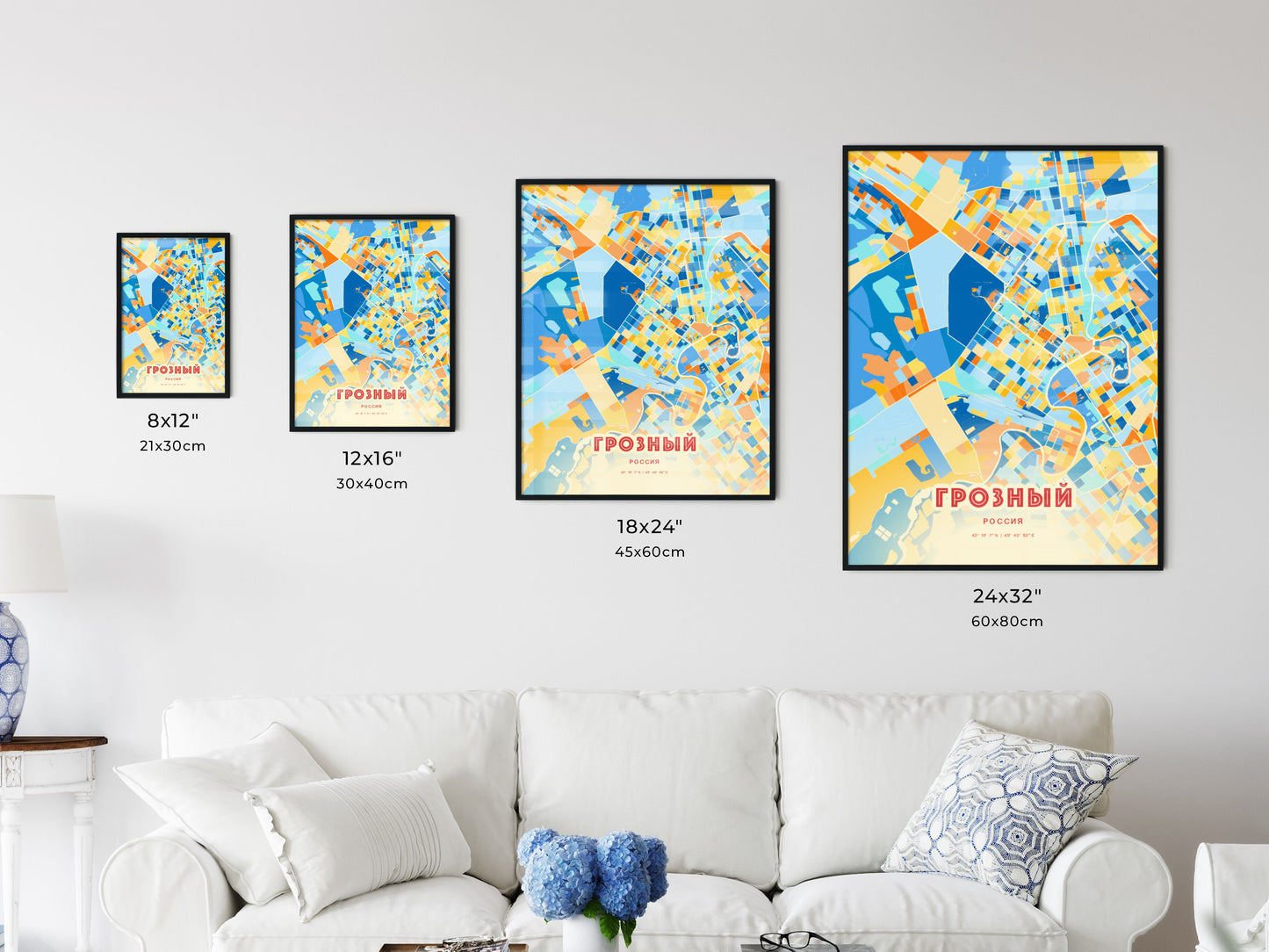 Colorful GROZNY RUSSIA Fine Art Map Blue Orange