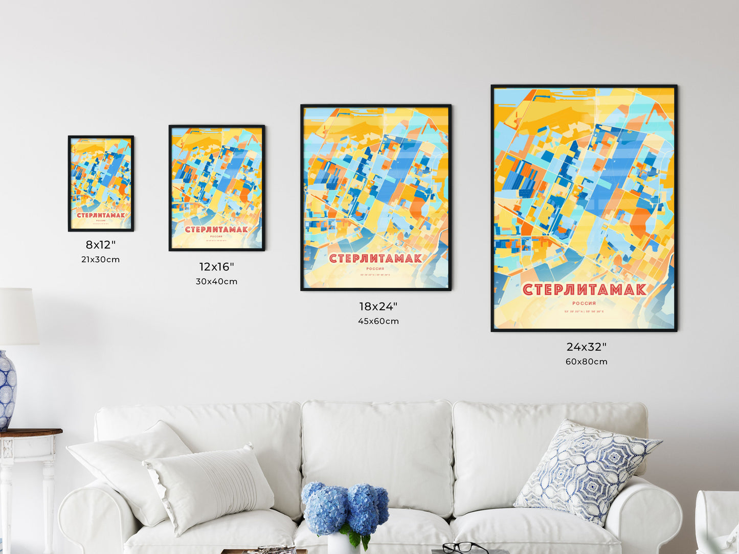 Colorful STERLITAMAK RUSSIA Fine Art Map Blue Orange