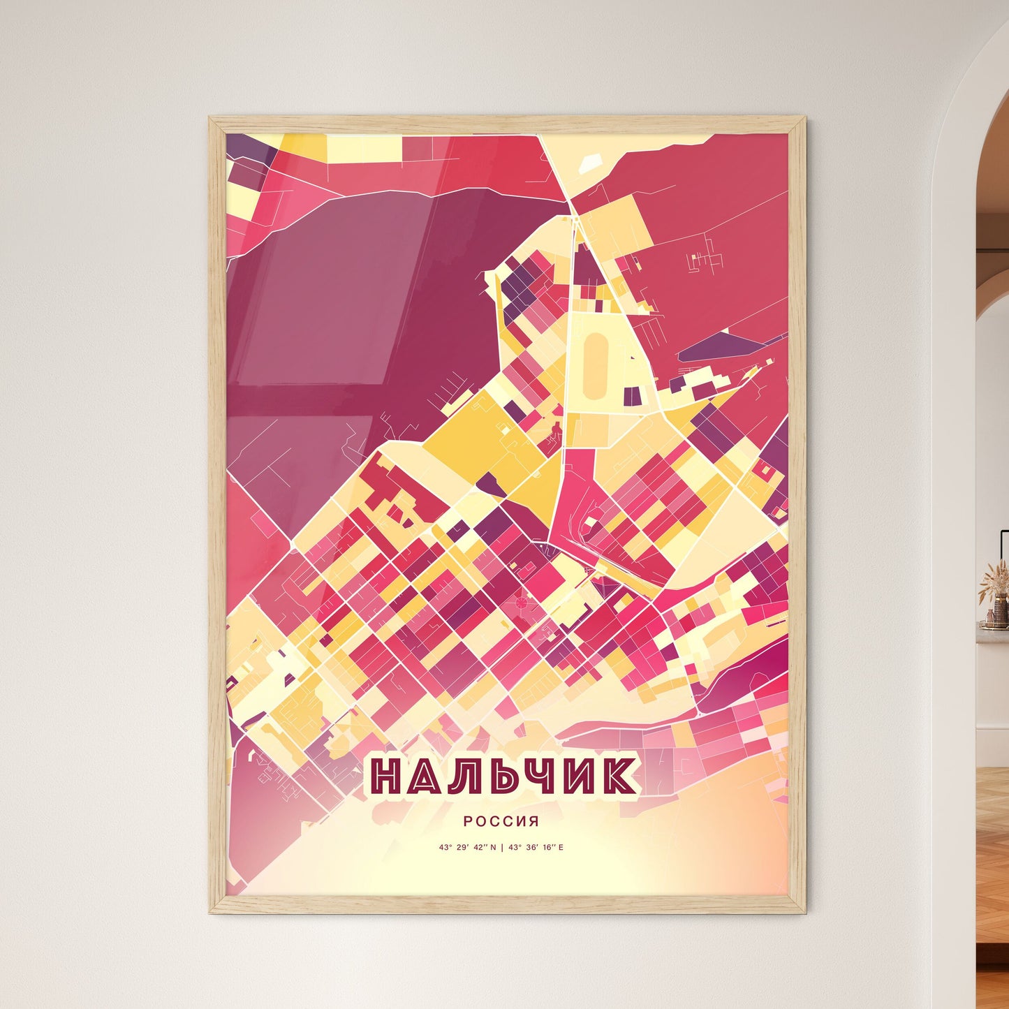 Colorful NALCHIK RUSSIA Fine Art Map Hot Red