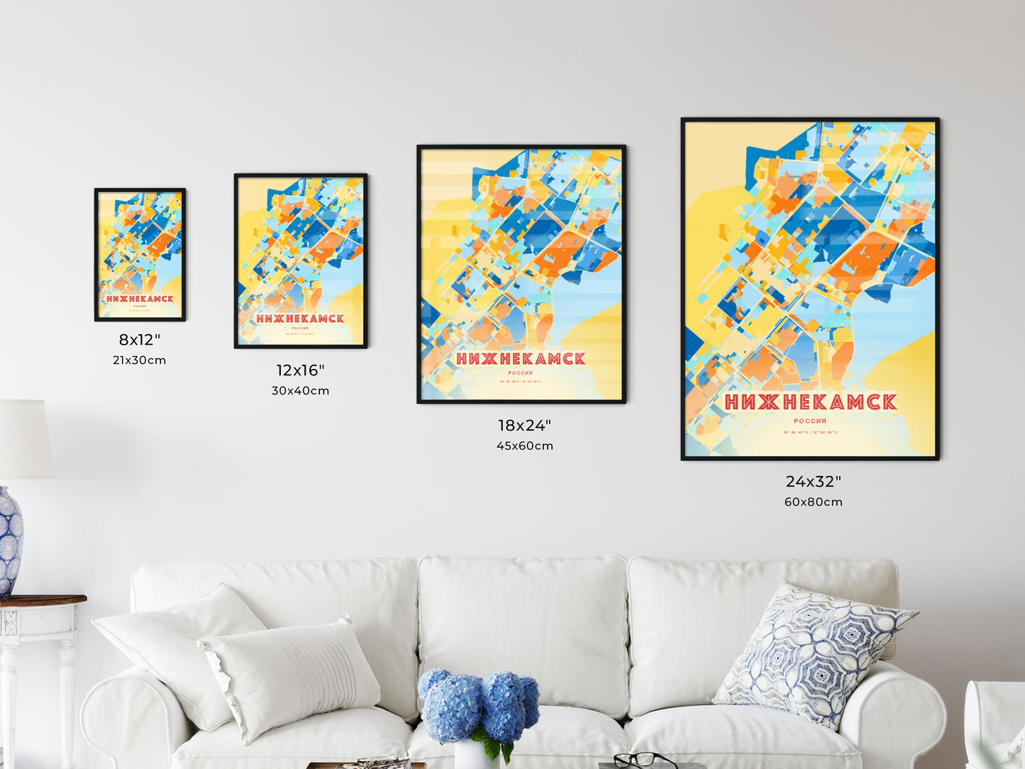 Colorful NIZHNEKAMSK RUSSIA Fine Art Map Blue Orange