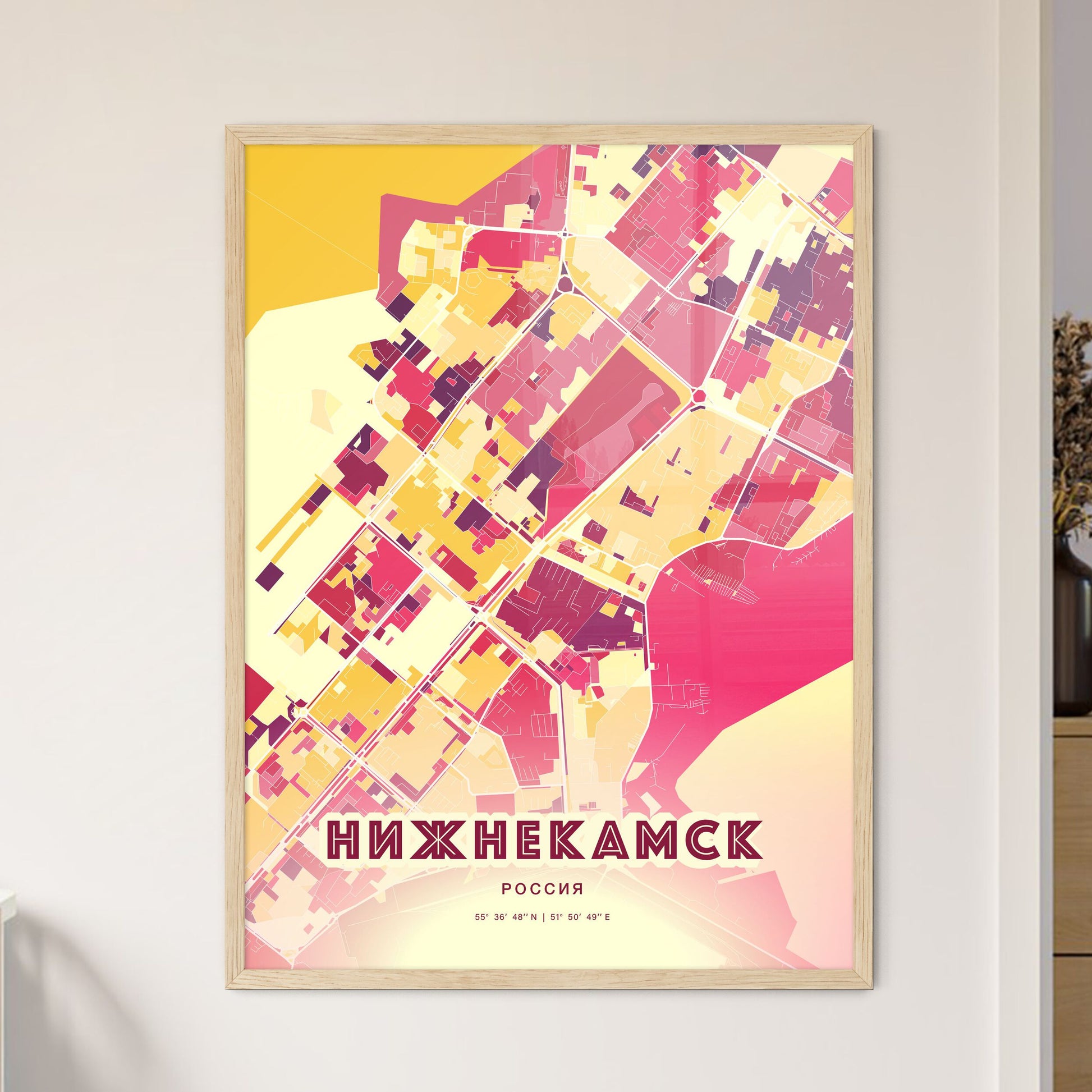 Colorful NIZHNEKAMSK RUSSIA Fine Art Map Hot Red