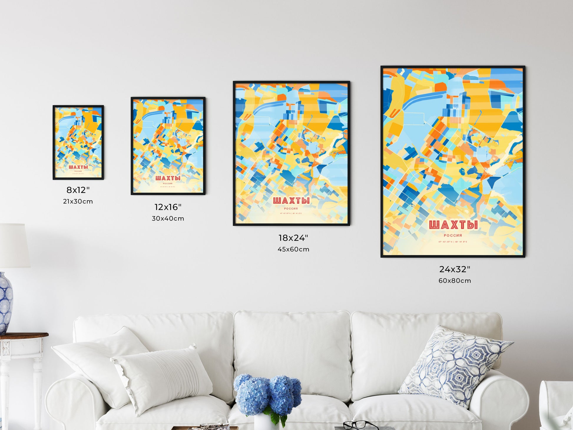 Colorful SHAKHTY RUSSIA Fine Art Map Blue Orange