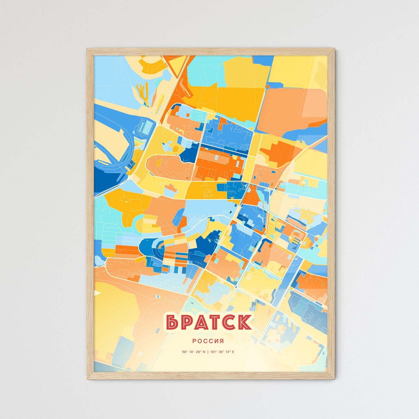 Colorful BRATSK RUSSIA Fine Art Map Blue Orange