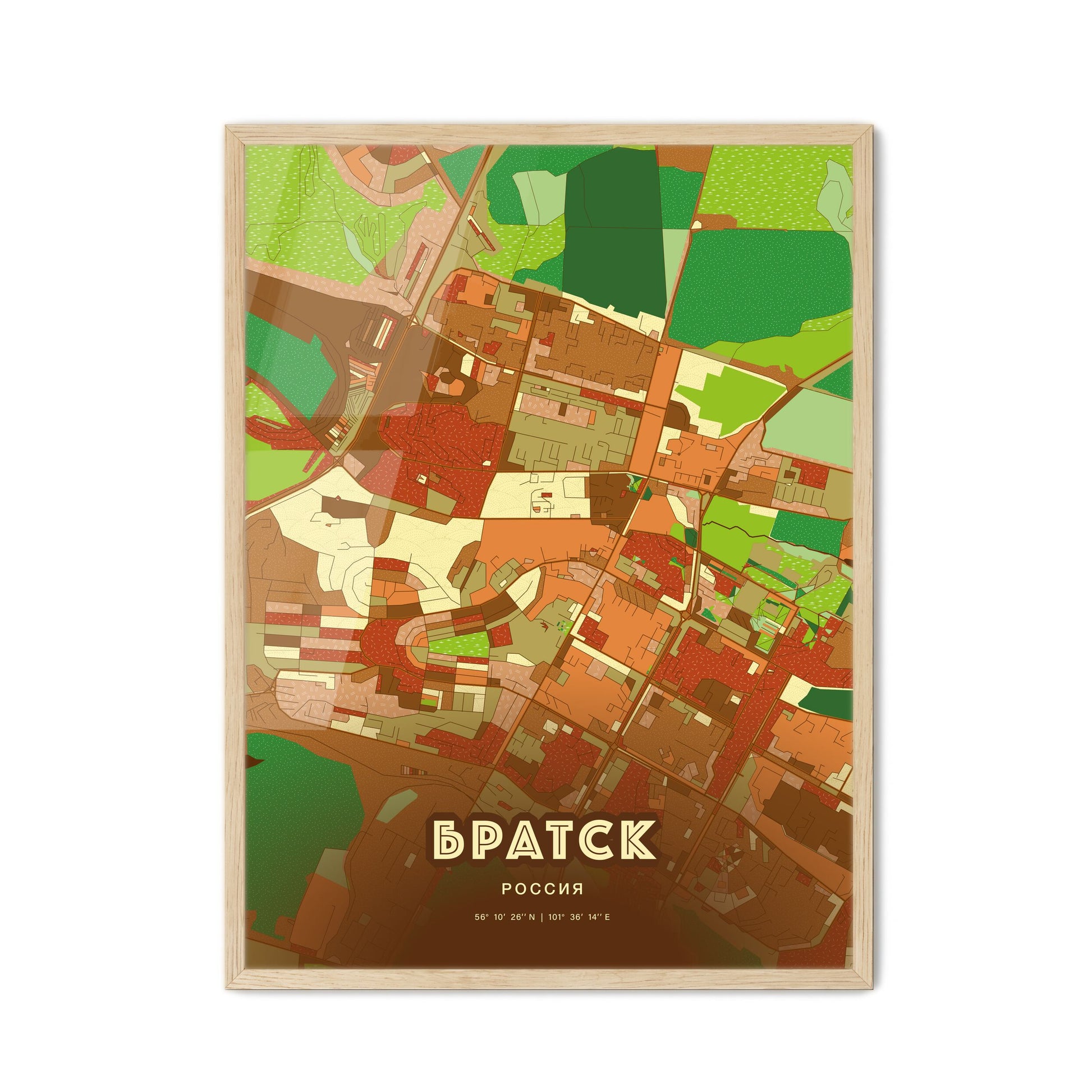 Colorful BRATSK RUSSIA Fine Art Map Farmhouse