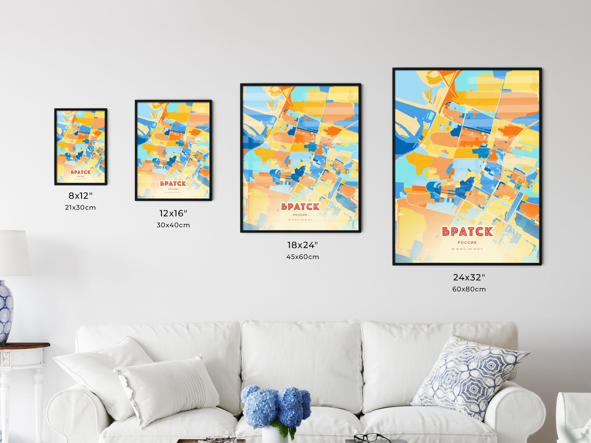 Colorful BRATSK RUSSIA Fine Art Map Blue Orange